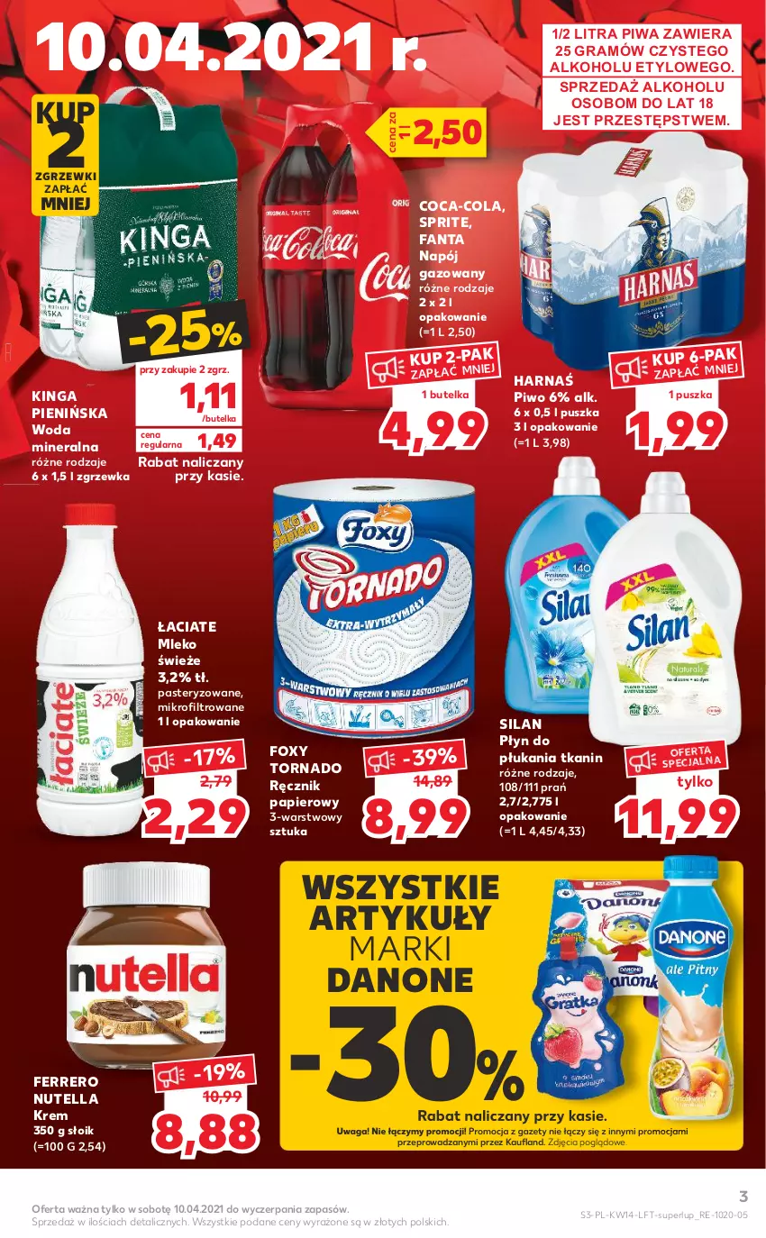 Gazetka promocyjna Kaufland - ważna 08.04 do 14.04.2021 - strona 3 - produkty: Coca-Cola, Danone, Fa, Fanta, Ferrero, Foxy, Gra, Harnaś, Mleko, Napój, Napój gazowany, Nutella, Papier, Piwa, Piwo, Płyn do płukania, Ręcznik, Silan, Sprite, Waga, Woda, Woda mineralna