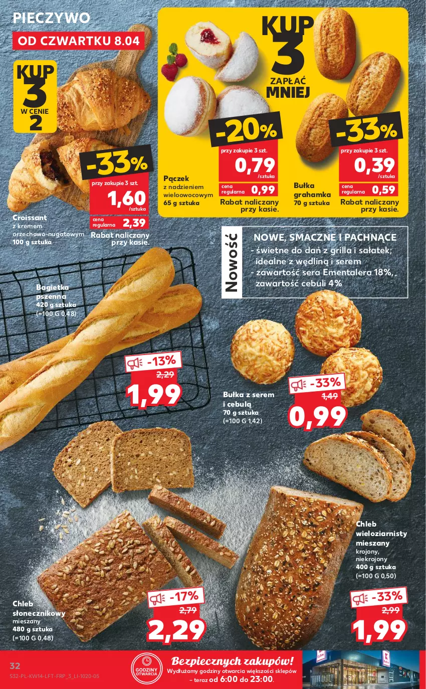 Gazetka promocyjna Kaufland - ważna 08.04 do 14.04.2021 - strona 32 - produkty: Bagietka, Bagietka pszenna, Bułka, Bułka grahamka, Chleb, Chleb wieloziarnisty, Croissant, Ementaler, Gra, Grill, Pączek, Piec, Pieczywo, Sałat, Ser, Tera