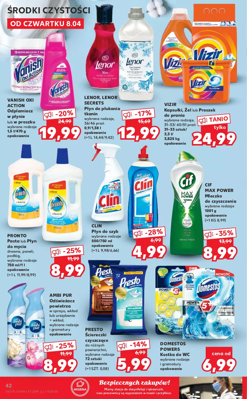 Gazetka promocyjna Kaufland - ważna 08.04 do 14.04.2021 - strona 42 - produkty: Ambi Pur, BIC, Cif, Clin, Domestos, Gra, Kostka do wc, Lenor, Mleczko, Odplamiacz, Odświeżacz powietrza, Piec, Płyn do mycia, Płyn do płukania, Płyn do szyb, Presto, Pronto, Proszek do prania, Pur, Rama, Vanish, Vizir