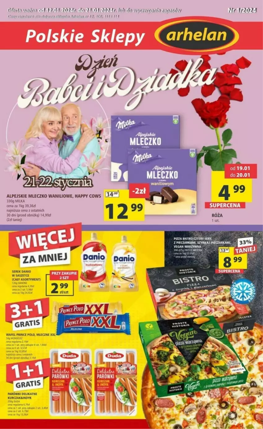 Gazetka promocyjna Arhelan - ważna 12.01.2023 do 21.01.2024 - strona 1 - produkty: Danio, Fa, Gra, Kurczak, Milka, Mleczko, Piec, Pieczarka, Pizza, Prince Polo, Ser, Serek