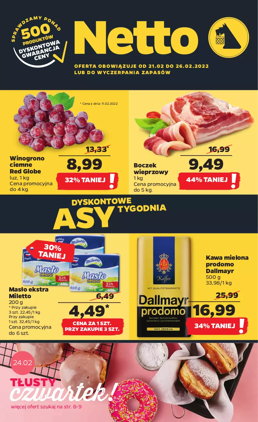 Gazetka promocyjna Netto - Gazetka spożywcza - ważna 21.02 do 26.02.2022 - strona 1 - produkty: Boczek, Boczek wieprzowy, Dallmayr, Kawa, Kawa mielona, Masło, Wino