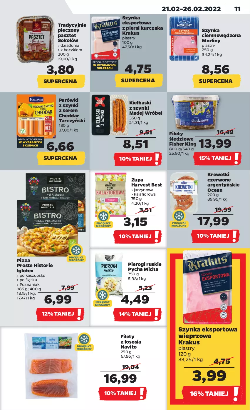 Gazetka promocyjna Netto - Gazetka spożywcza - ważna 21.02 do 26.02.2022 - strona 11 - produkty: Cheddar, Kalafior, Krakus, Krewetki, Kurczak, Madej Wróbel, Morliny, Parówki, Parówki z szynki, Pasztet, Piec, Pierogi, Pizza, Por, Ser, Sok, Sokołów, Sos, Sport, Szynka, Tarczyński, Zupa