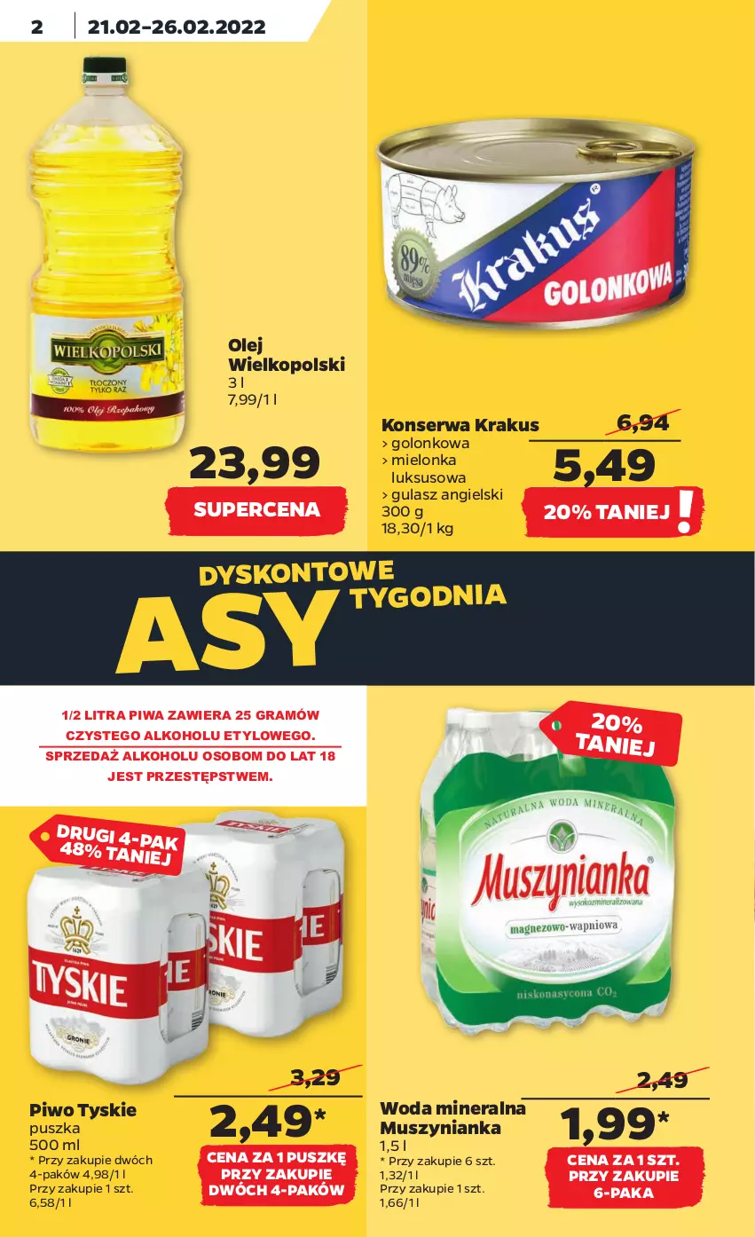 Gazetka promocyjna Netto - Gazetka spożywcza - ważna 21.02 do 26.02.2022 - strona 2 - produkty: Gra, Krakus, Mus, Muszynianka, Olej, Piwa, Piwo, Ser, Tyskie, Woda, Woda mineralna