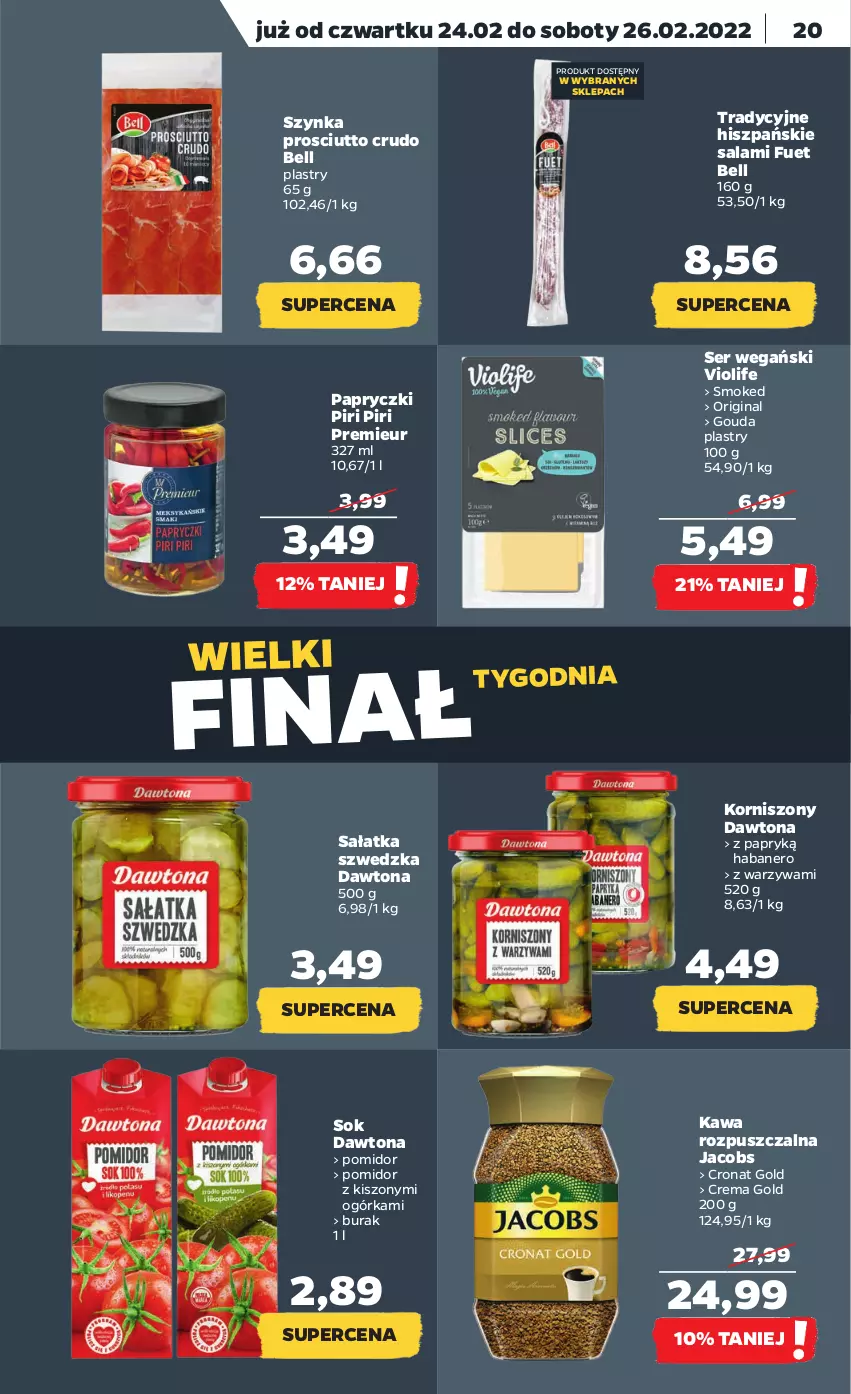 Gazetka promocyjna Netto - Gazetka spożywcza - ważna 21.02 do 26.02.2022 - strona 20 - produkty: Bell, Dawtona, Gin, Gouda, Gouda plastry, Jacobs, Kawa, Kawa rozpuszczalna, Korniszony, Prosciutto, Salami, Sałat, Sałatka, Ser, Sok, Szynka, Warzywa