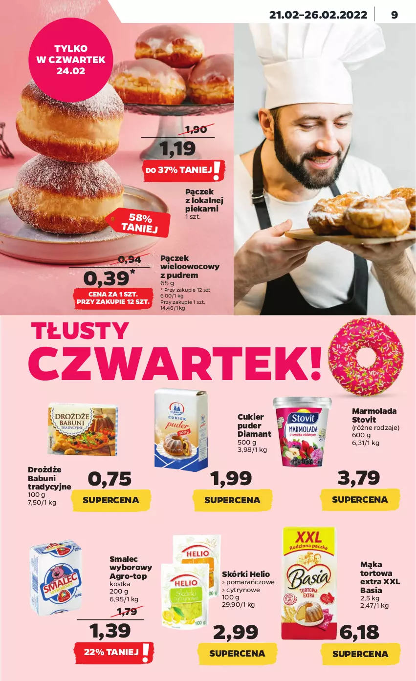 Gazetka promocyjna Netto - Gazetka spożywcza - ważna 21.02 do 26.02.2022 - strona 9 - produkty: Babuni, Basia, Cukier, Cukier puder, Diamant, Drożdże, Helio, Mąka, Mąka tortowa, Marmolada, Mola, Pączek, Puder, Smalec, Top