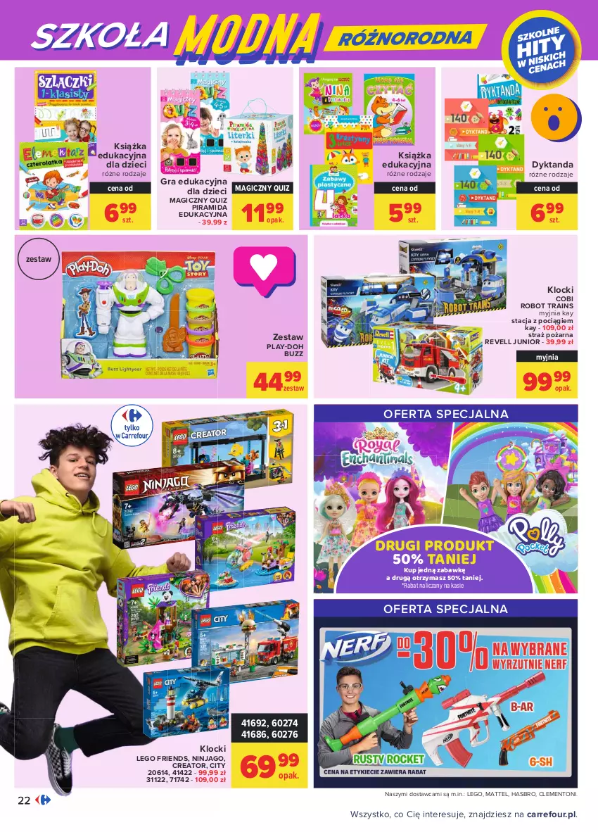 Gazetka promocyjna Carrefour - Gazetka Carrefour - ważna 09.08 do 21.08.2021 - strona 22 - produkty: Dzieci, Gra, Hasbro, Klocki, Książka, LEGO, LEGO Friends, Mattel, Play-Doh, Pociąg, Quiz, Robot, Straż pożarna