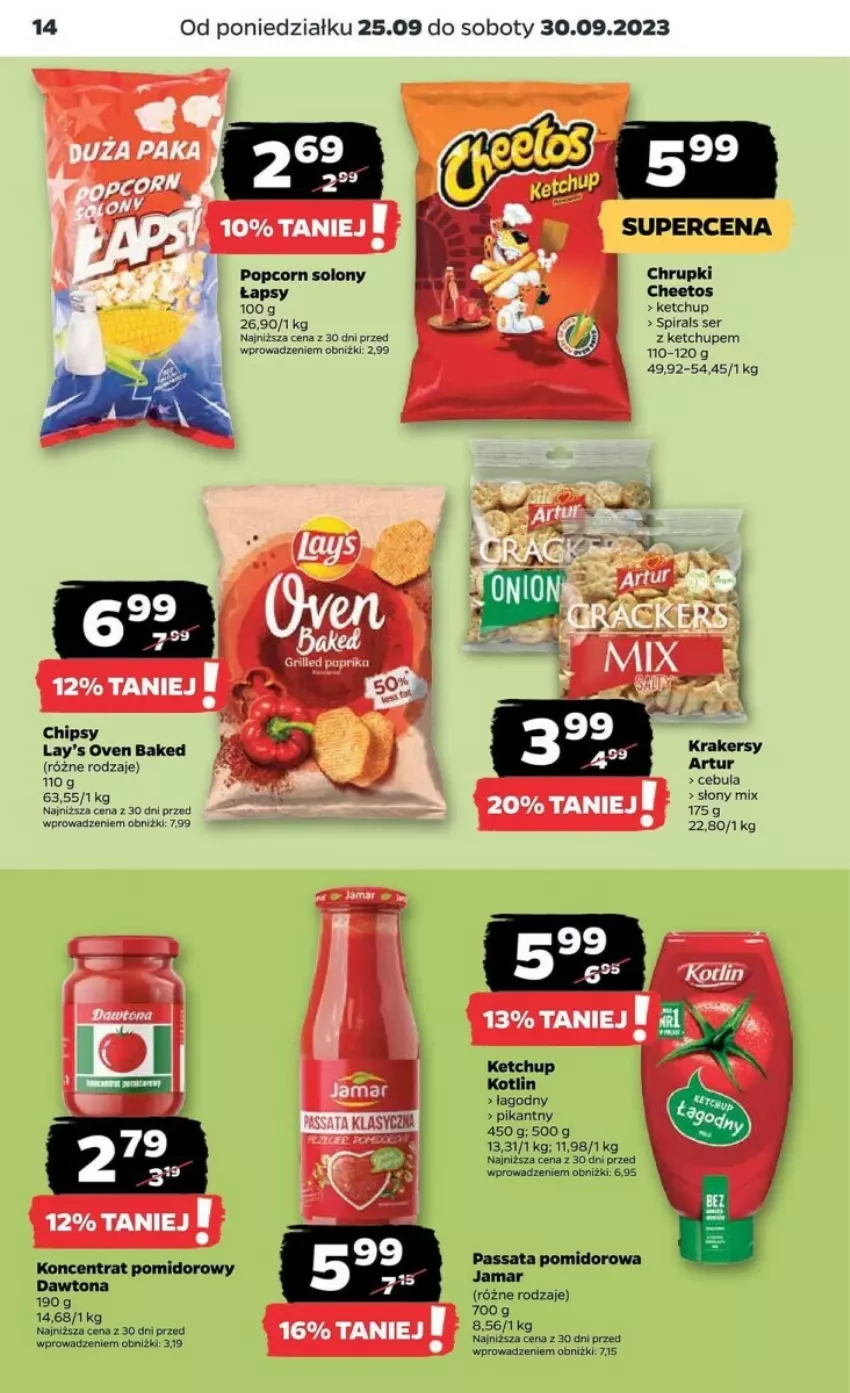 Gazetka promocyjna Netto - ważna 25.09 do 30.09.2023 - strona 6 - produkty: Cheetos, Chipsy, Chrupki, Dawtona, Ketchup, Koncentrat pomidorowy, Kotlin, Krakersy, Popcorn, Por, Ser