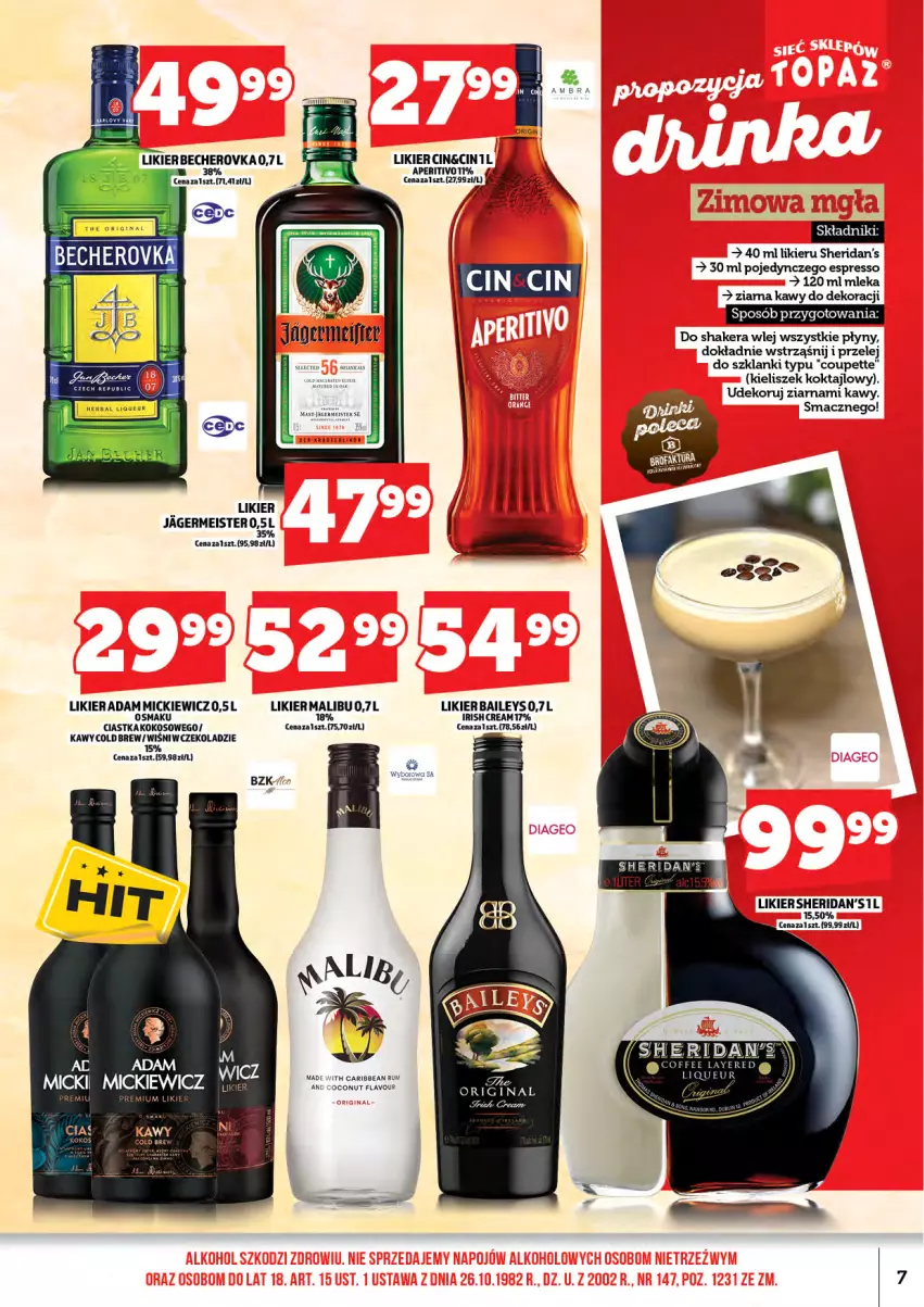 Gazetka promocyjna Topaz - Gazetka - ważna 01.01 do 15.01.2026 - strona 9 - produkty: Ciastka, Gin, Jagermeister, Kieliszek, Kokos, Lanki, Likier, Malibu, Sheridan's