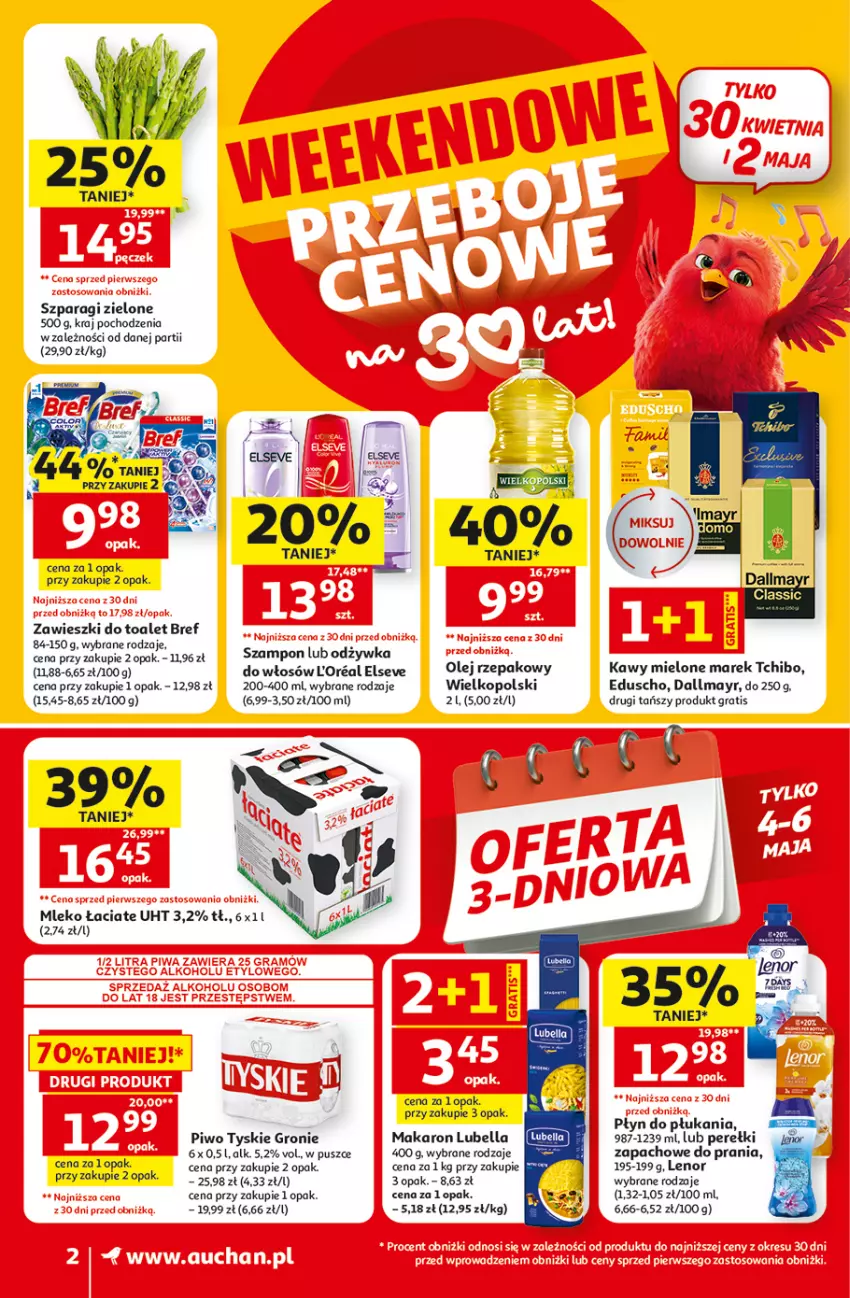 Gazetka promocyjna Auchan - Gazetka 30 Lat Supermarket Auchan - ważna 29.04 do 06.05.2026 - strona 2 - produkty: Bell, Bella, Bref, Dallmayr, Elseve, Gra, Lenor, Lubella, Makaron, Mleko, Odżywka, Olej, Olej rzepakowy, Piwa, Płyn do płukania, Szampon, Tchibo, Tyskie, Zawieszki