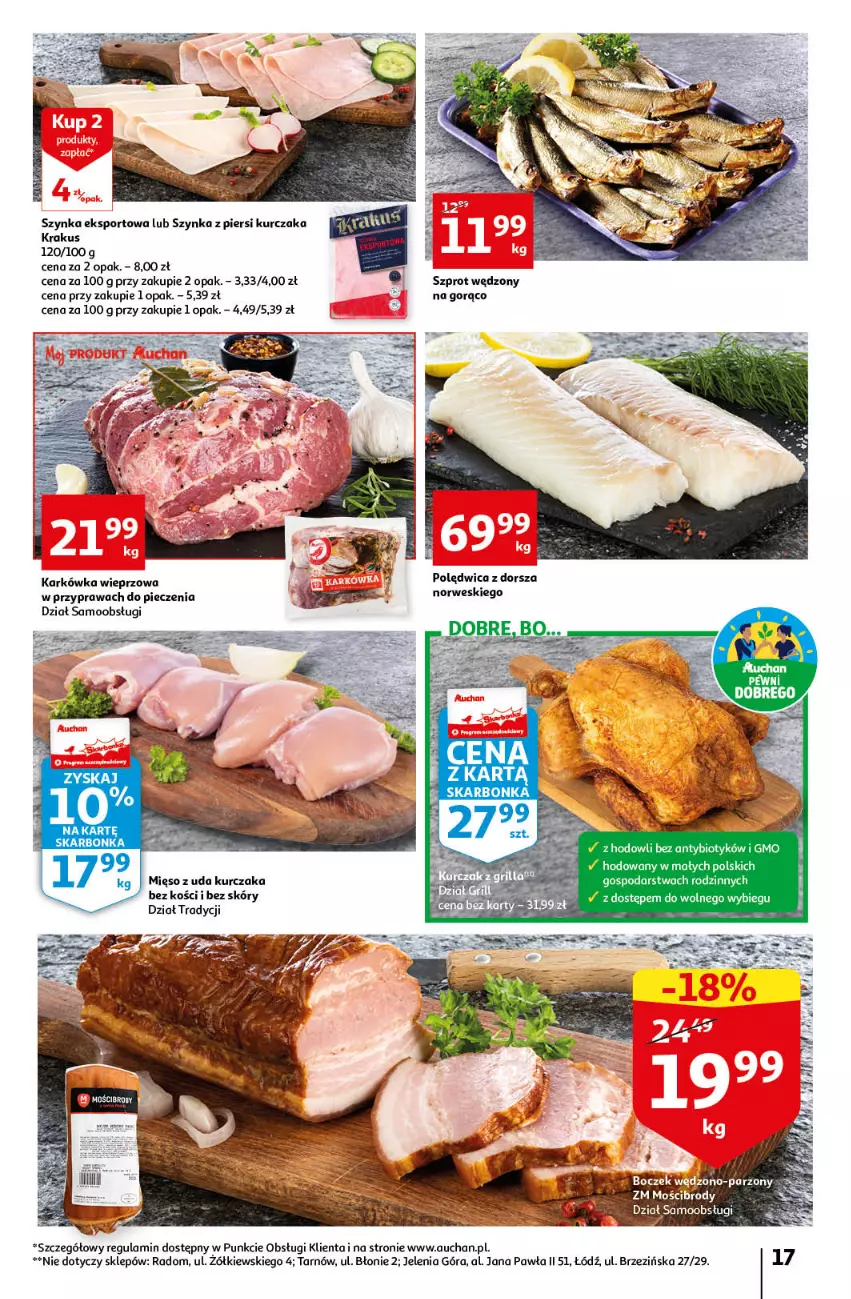 Gazetka promocyjna Auchan - Gazetka przeNISKIE CENY – PrzeWyborne produkty regionalne Hipermarkety - ważna 08.09 do 14.09.2022 - strona 17 - produkty: Dorsz, Karkówka wieprzowa, Krakus, Kurczak, Mięso, Mięso z uda kurczaka, Piec, Polędwica, Por, Sport, Szprot, Szynka