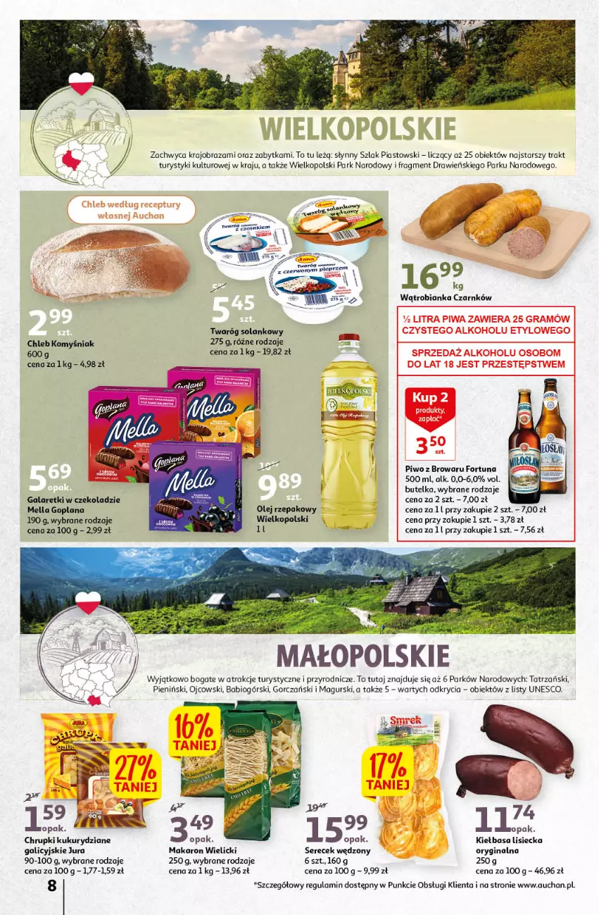 Gazetka promocyjna Auchan - Gazetka przeNISKIE CENY – PrzeWyborne produkty regionalne Hipermarkety - ważna 08.09 do 14.09.2022 - strona 8 - produkty: Bianka, Chleb, Chrupki, Fortuna, Gala, Galaretki, Gin, Goplana, Kiełbasa, LANA, Makaron, Obraz, Olej, Olej rzepakowy, Piast, Piwo, Ser, Solan, Twaróg