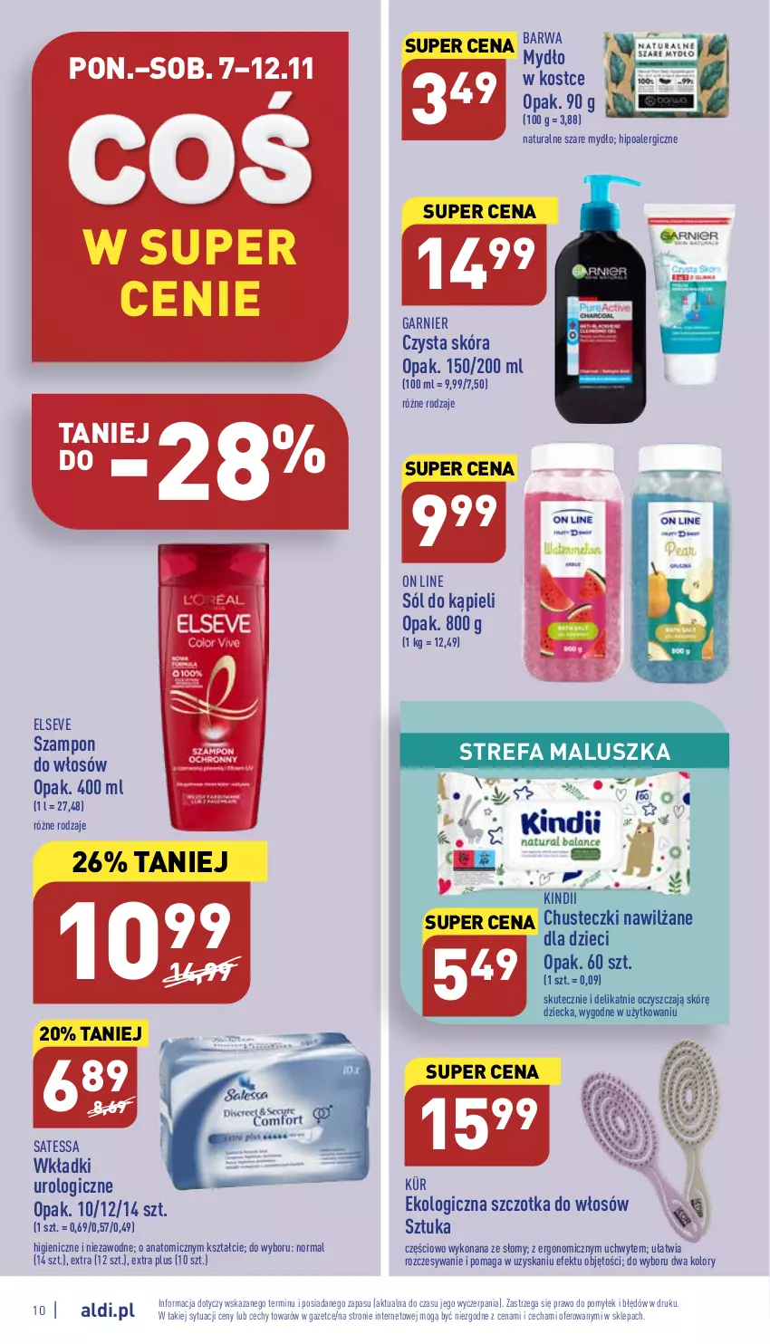 Gazetka promocyjna Aldi - Pełny katalog - ważna 07.11 do 12.11.2022 - strona 10 - produkty: Atomic, Chusteczki, Dzieci, Elseve, Fa, Garnier, Kindii, Mydło, Sól, Sól do kąpieli, Szampon, Szczotka, Szczotka do włosów, Wkładki, Wkładki urologiczne