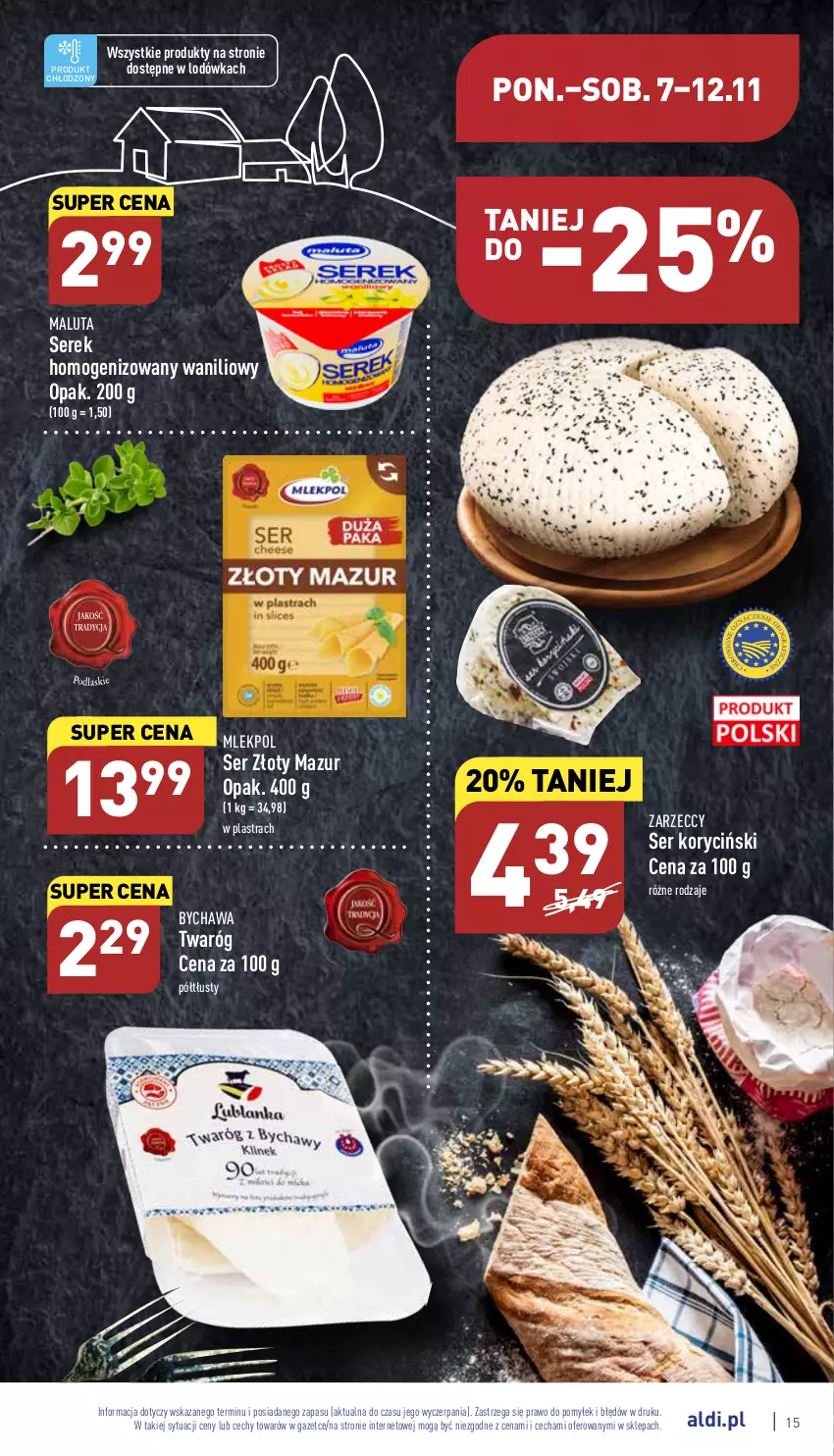 Gazetka promocyjna Aldi - Pełny katalog - ważna 07.11 do 12.11.2022 - strona 15 - produkty: Lodówka, Ser, Serek, Serek homogenizowany, Twaróg, Złoty Mazur