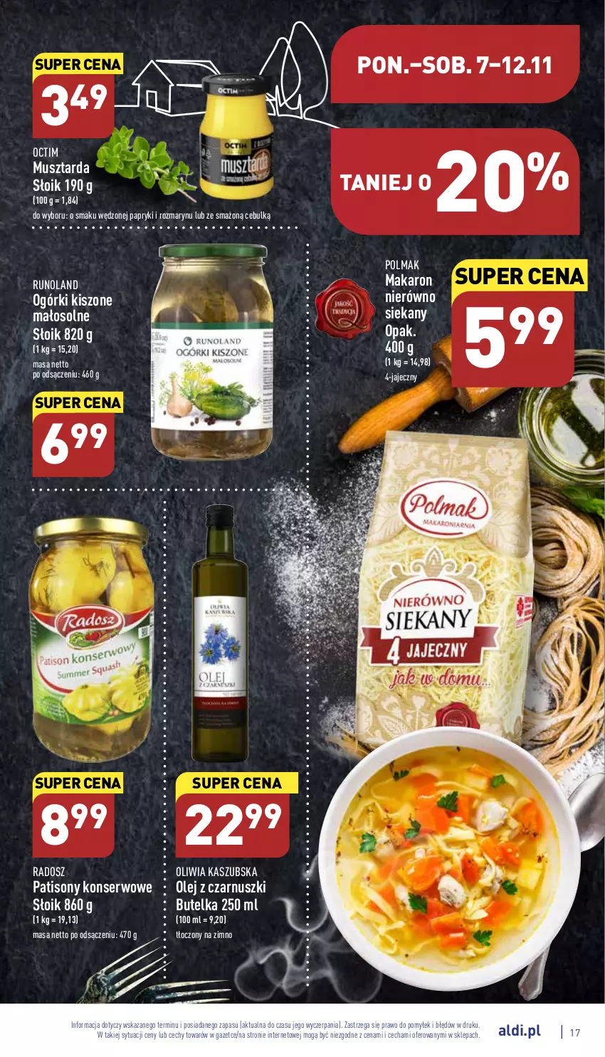 Gazetka promocyjna Aldi - Pełny katalog - ważna 07.11 do 12.11.2022 - strona 17 - produkty: Makaron, Mus, Musztarda, Olej, Olej z czarnuszki, Olma, Runoland, Ser, Sony