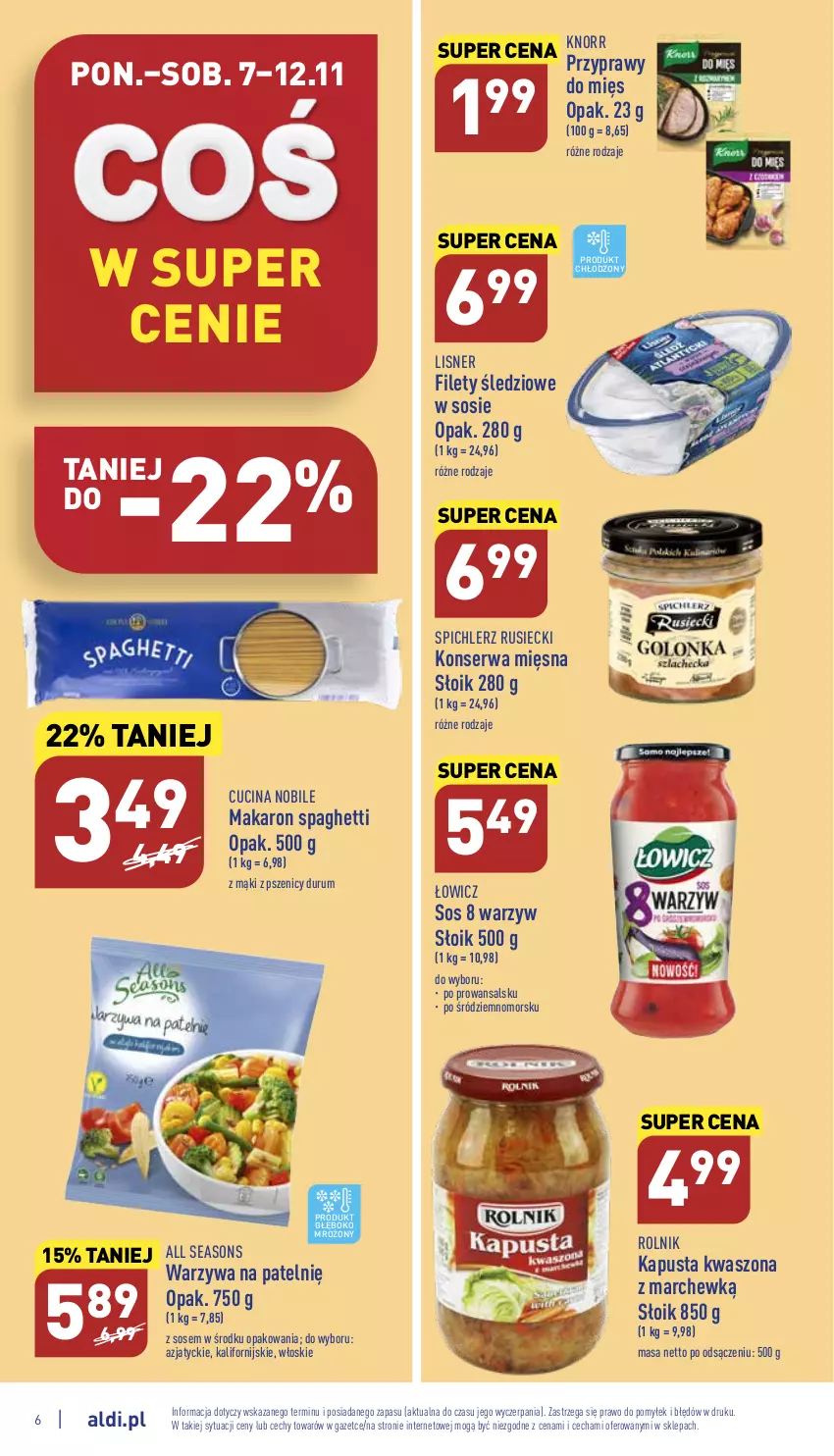 Gazetka promocyjna Aldi - Pełny katalog - ważna 07.11 do 12.11.2022 - strona 6 - produkty: All Seasons, Knorr, Lisner, Makaron, Przyprawy, Rolnik, Rum, Ser, Sos, Spaghetti, Spichlerz Rusiecki, Warzywa