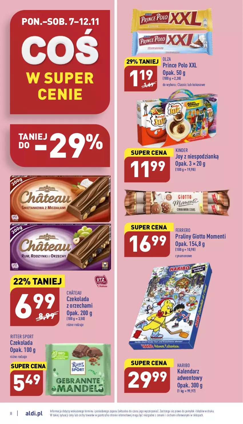 Gazetka promocyjna Aldi - Pełny katalog - ważna 07.11 do 12.11.2022 - strona 8 - produkty: Czekolada, Ferrero, Haribo, Kalendarz, Kalendarz adwentowy, Kinder, Kokos, Por, Praliny, Prince Polo, Ritter Sport, Sport