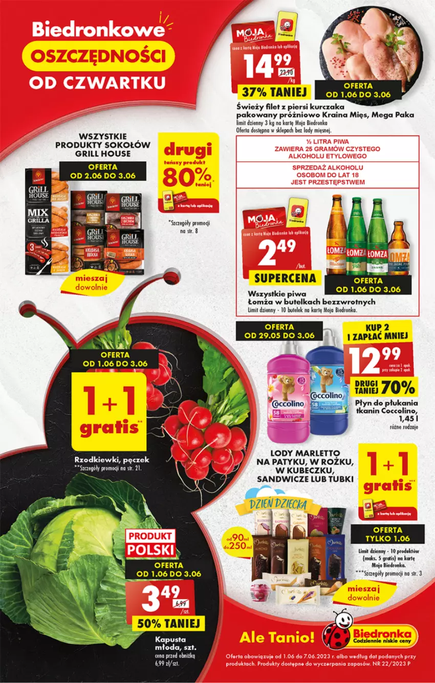 Gazetka promocyjna Biedronka - ważna 01.06 do 07.06.2023 - strona 1 - produkty: Coccolino, Dron, Filet z piersi kurczaka, Gra, Grill, Kurczak, Lody, Piwa, Płyn do płukania, Sok, Sokołów, Sos