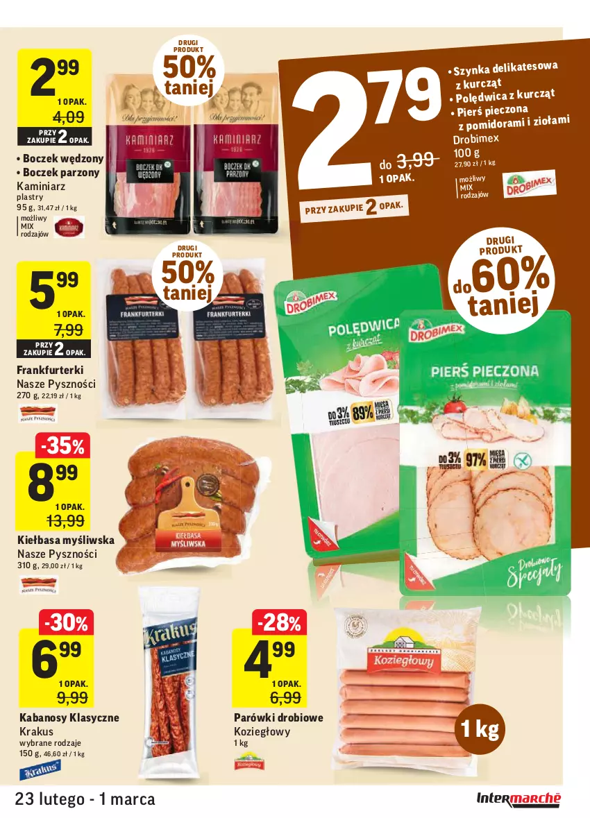 Gazetka promocyjna Intermarche - Okazje tygodnia - ważna 23.02 do 01.03.2021 - strona 13 - produkty: Boczek, Drobimex, Frankfurterki, Kabanos, Kiełbasa, Krakus, Parówki, Piec