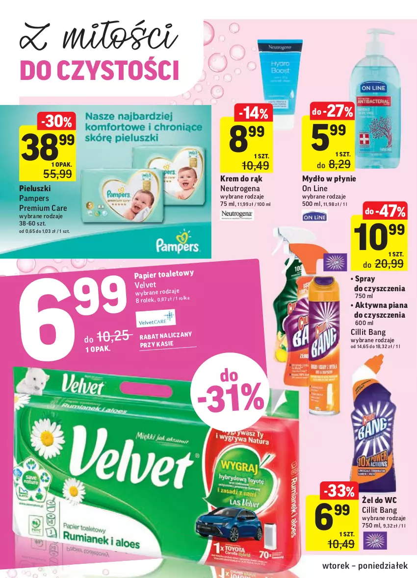 Gazetka promocyjna Intermarche - Okazje tygodnia - ważna 23.02 do 01.03.2021 - strona 34 - produkty: Cillit Bang, Krem do rąk, Mydło, Mydło w płynie, Neutrogena, Pampers, Papier, Spray do czyszczenia, Velvet