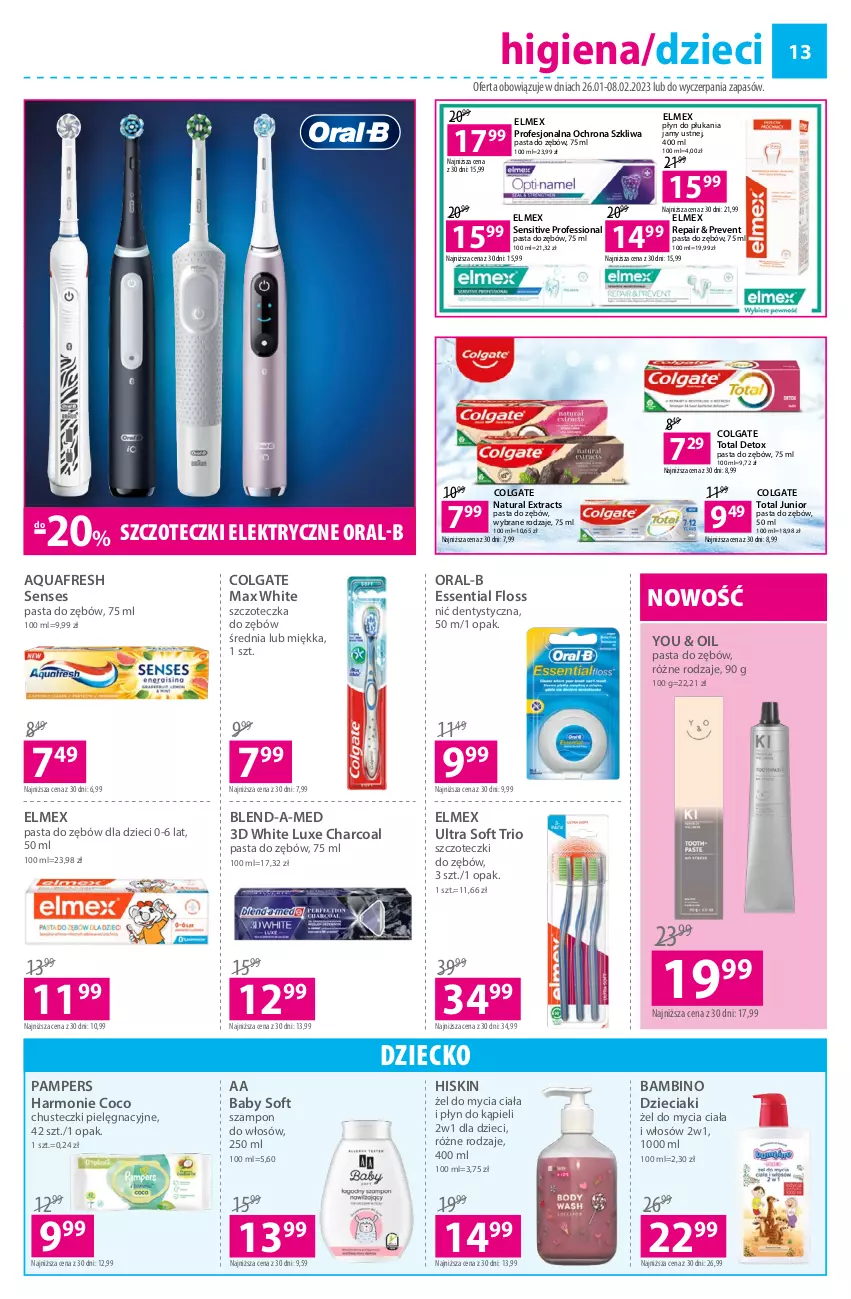 Gazetka promocyjna Hebe - Gazetka - ważna 26.01 do 08.02.2023 - strona 13 - produkty: AA Baby Soft, Aquafresh, Blend-a-Med, Chusteczki, Colgate, Colgate Total, Dzieci, Elmex, LG, Nić dentystyczna, Pampers, Pasta do zębów, Płyn do kąpieli, Płyn do płukania, Płyn do płukania jamy ustnej, Senses, Szampon, Szczoteczka, Szczoteczka do zębów