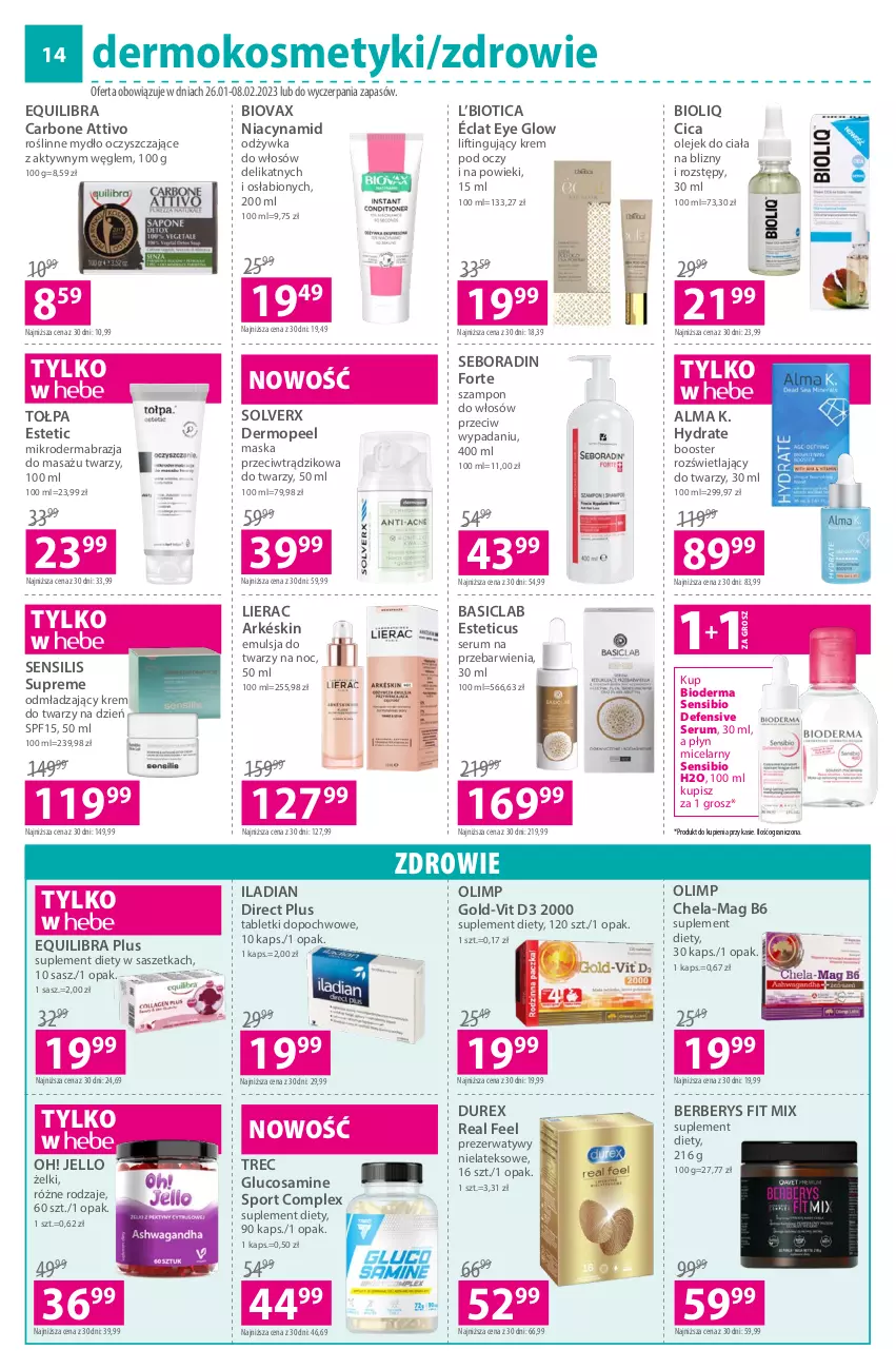 Gazetka promocyjna Hebe - Gazetka - ważna 26.01 do 08.02.2023 - strona 14 - produkty: Basiclab, Bioderma, Biovax, Booster, Durex, Emulsja, Gra, Iladian, Krem do twarzy, Krem pod oczy, Lierac, Maska, Mop, Mydło, Odżywka, Olej, Olejek do ciała, Płyn micelarny, Por, Prezerwatyw, Rum, Seboradin, Ser, Serum, Sport, Suplement diety, Szampon, Tablet, Tołpa, Zdrowie