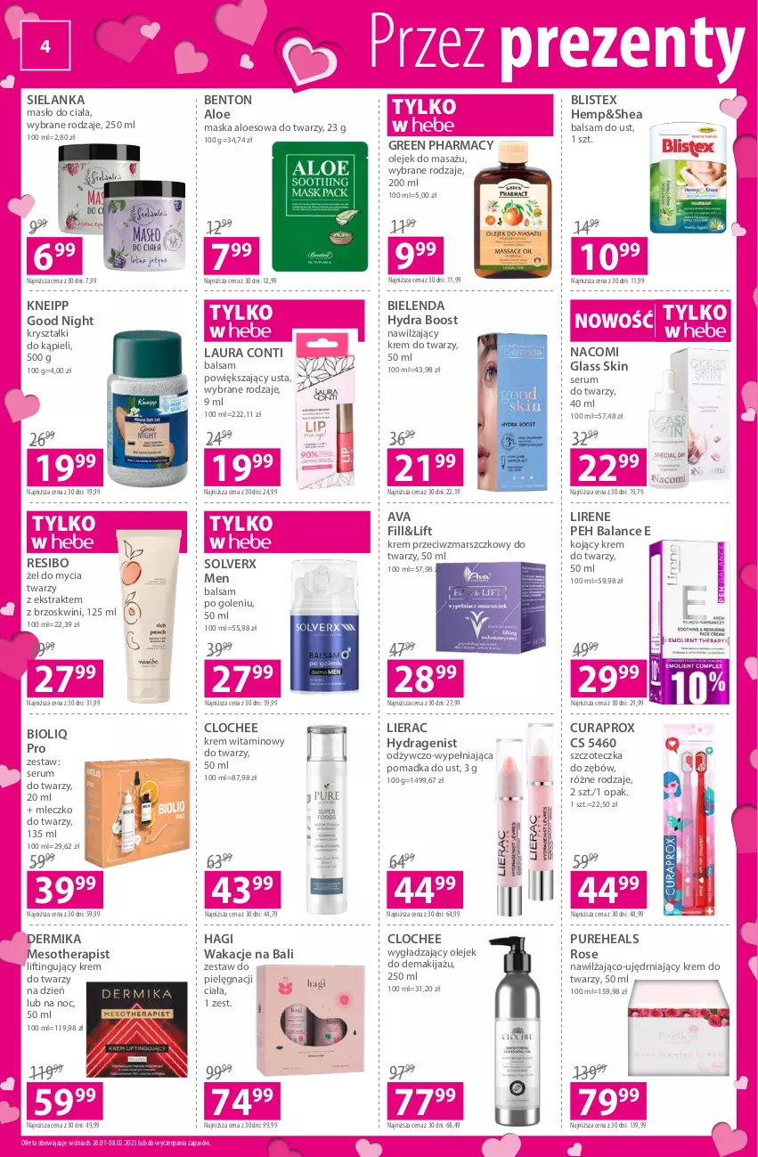 Gazetka promocyjna Hebe - Gazetka - ważna 26.01 do 08.02.2023 - strona 4 - produkty: Balsam do ust, Balsam po goleniu, Bielenda, Curaprox, Dermika, Green pharmacy, Kneipp, Krem do twarzy, Krem przeciwzmarszczkowy, Laur, Laura Conti, Lierac, Lirene, Makijaż, Mars, Maska, Masło, Masło do ciała, Mleczko, Nacomi, Olej, Olejek do demakijażu, Pur, PureHeals, Rum, Ser, Serum, Serum do twarzy, Szczoteczka, Szczoteczka do zębów