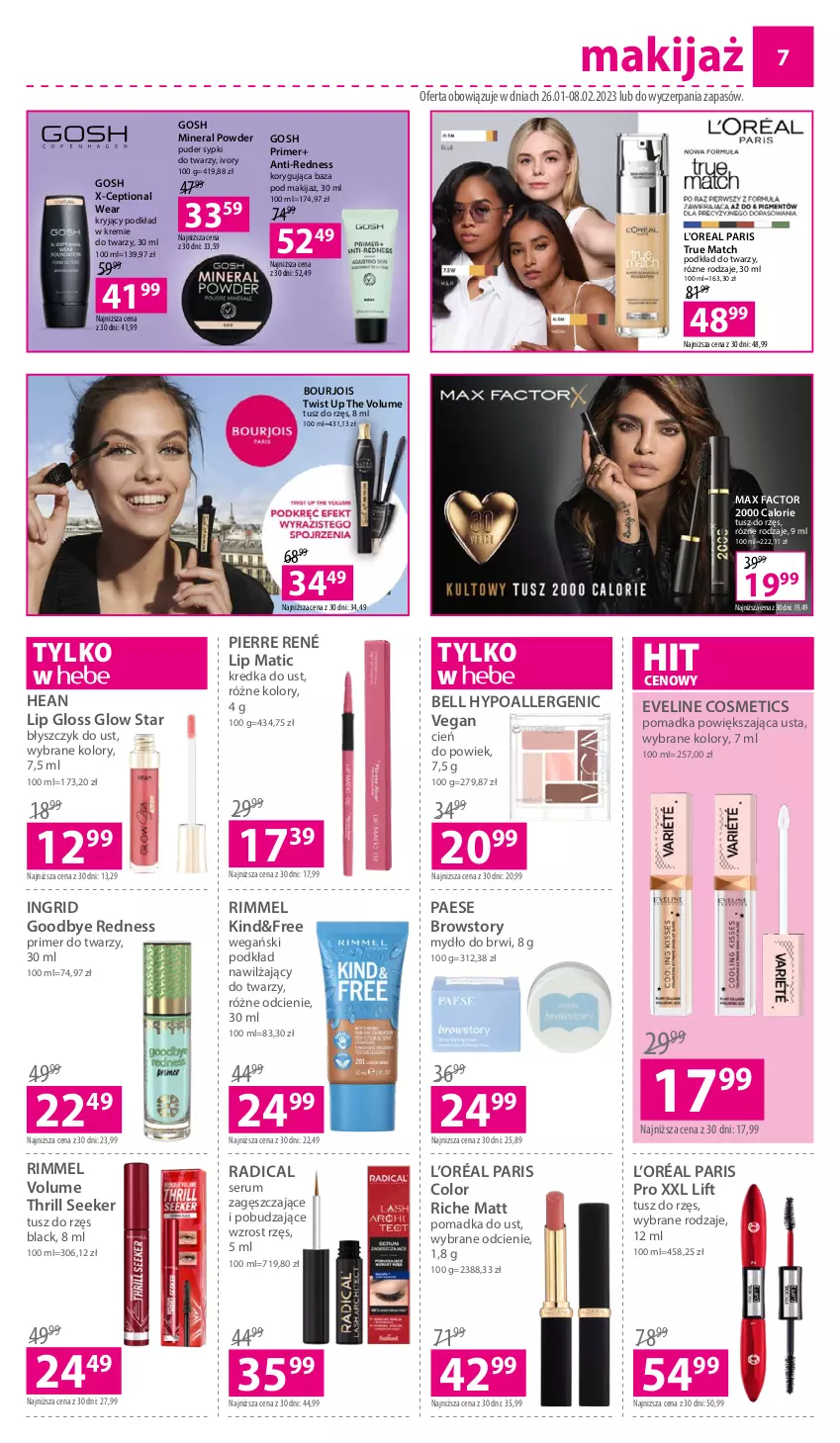 Gazetka promocyjna Hebe - Gazetka - ważna 26.01 do 08.02.2023 - strona 7 - produkty: Bell, Bell HypoAllergenic, Błyszczyk do ust, Bourjois, Cień, Eveline, Fa, Gosh, GRID, Kredka, L’Oréal, Lack, Makijaż, Max Factor, Mydło, PAESE, Pierre René, Podkład, Podkład do twarzy, Puder, Rum, Ser, Serum, Tusz