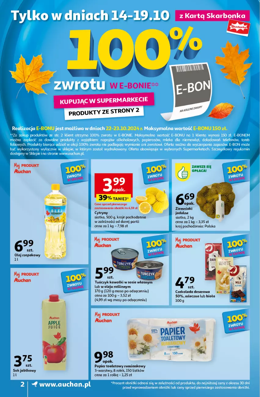 Gazetka promocyjna Auchan - Gazetka Pewność Niskich Cen Supermarket Auchan - ważna 10.10 do 16.10.2024 - strona 2 - produkty: Cytryny, Czekolada, Deser, Olej, Papier, Papier toaletowy, Rum, Ser, Siatka, Sok, Sok jabłkowy, Ziemniaki