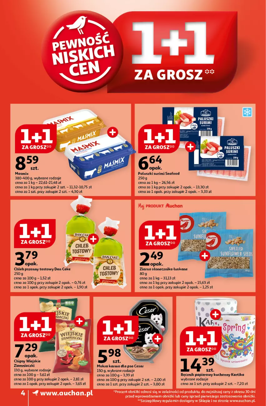 Gazetka promocyjna Auchan - Gazetka Pewność Niskich Cen Supermarket Auchan - ważna 10.10 do 16.10.2024 - strona 4 - produkty: Chipsy, Chleb, Dan Cake, Mokra karma, Papier, Ręcznik, Surimi