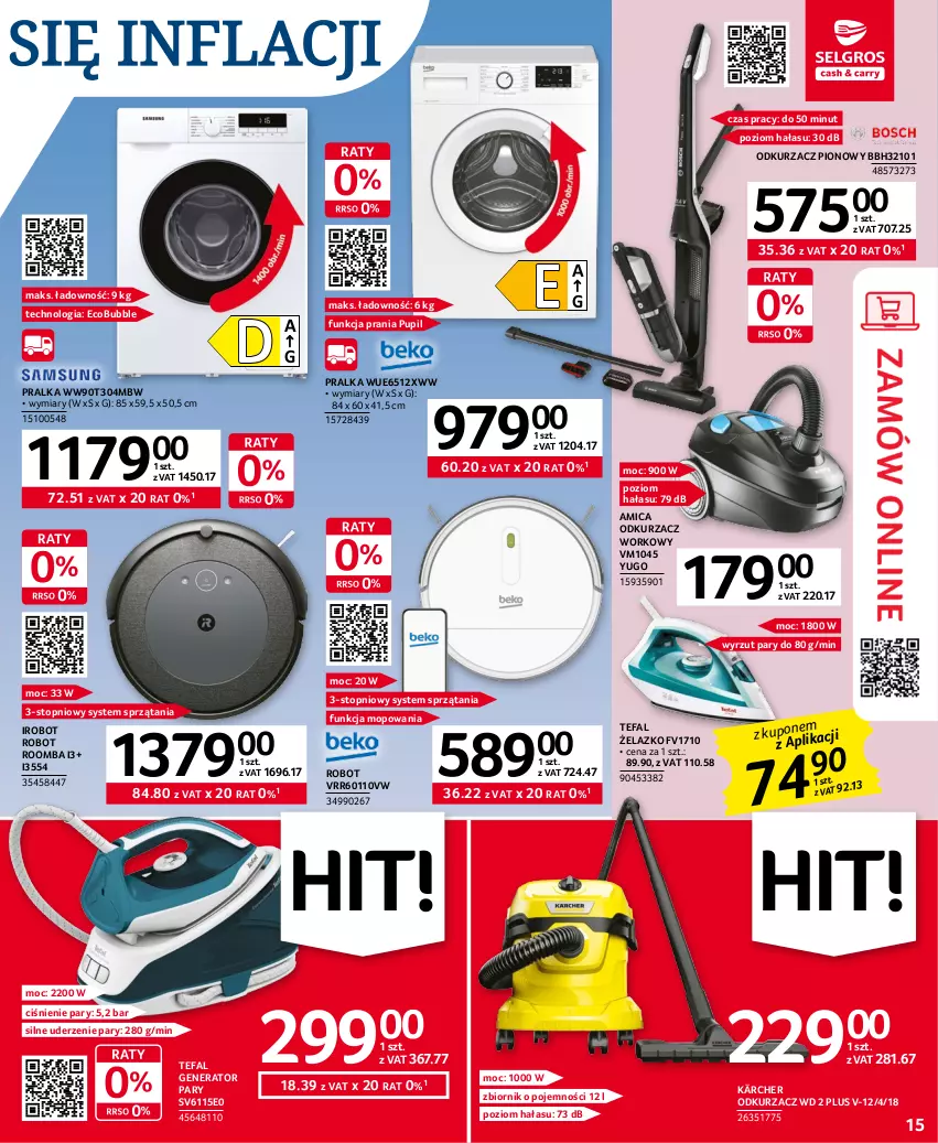 Gazetka promocyjna Selgros - Oferta przemysłowa - ważna 20.04 do 02.05.2023 - strona 15 - produkty: Amica, Fa, Generator pary, IRobot, Kärcher, Mop, Odkurzacz, Pralka, Robot, Roomba, Tefal, Top