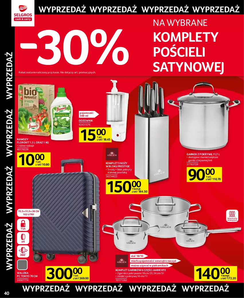 Gazetka promocyjna Selgros - Oferta przemysłowa - ważna 20.04 do 02.05.2023 - strona 40 - produkty: Dozownik, Garnek, Garnek z pokrywą, Miarka, Noż, Piekarnik, Pokrywa, Pościel, Rondel, Walizka