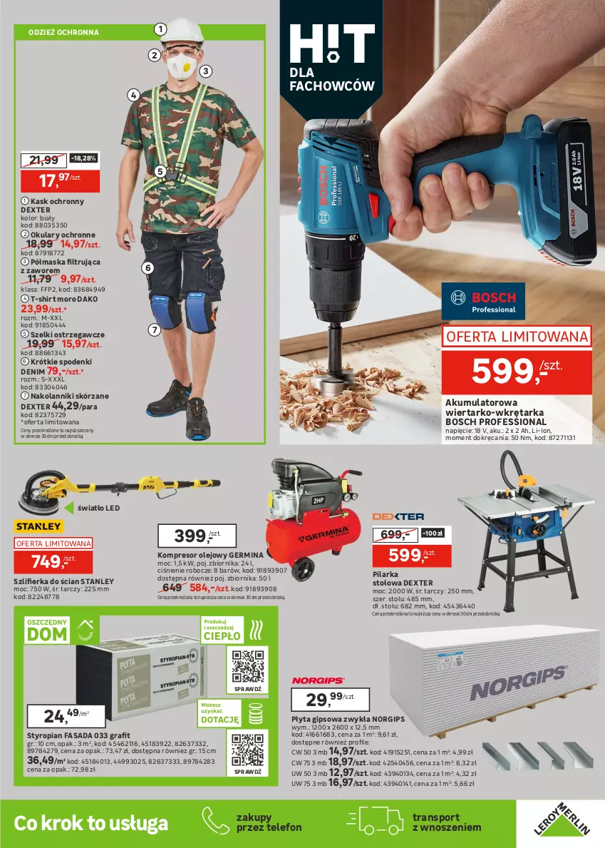 Gazetka promocyjna Leroy Merlin - Gazetka Leroy Merlin - ważna 16.07 do 05.08.2025 - strona 29 - produkty: Akumulator, Bosch, Cynk, Dźwig, Fa, Gniazdo pojedyncze, Gra, Kask, Kompresor, Kompresor olejowy, Kosz, Maska, Okulary ochronne, Olej, Pilarka stołowa, Płyta, Płyta gipsowa, Pojemnik, Pojemnik plastikowy, Pokrywa, Por, Przewód, Ramka, Regał, Regał metalowy, Ser, Sport, Szlifierka, T-shirt, Tarka, Telefon, Tran, Wkręt, Wkrętarka, Włącznik podwójny, Włącznik pojedynczy, Wózek, Wózek transportowy