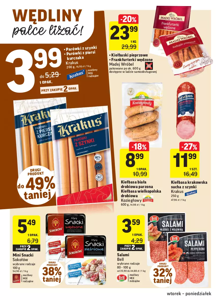 Gazetka promocyjna Intermarche - ważna 03.08 do 09.08.2021 - strona 10 - produkty: Bell, Frankfurterki, Kiełbasa, Kiełbasa biała, Kiełbasa krakowska, Kiełbaski pieprzowe, Krakus, Kurczak, Madej Wróbel, Parówki, Parówki z piersi kurczaka, Pieprz, Salami, Sok, Sokołów