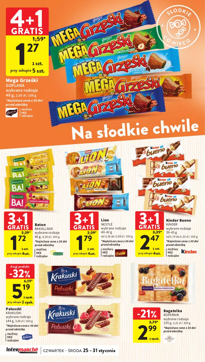 Gazetka promocyjna Intermarche - Gazetka Intermarche - ważna 25.01 do 31.01.2024 - strona 26 - produkty: Bakalland, Baton, Goplana, Gra, Grześki, Kinder, Kinder Bueno, Krakus, Krakuski, LANA, Lion, Nestlé