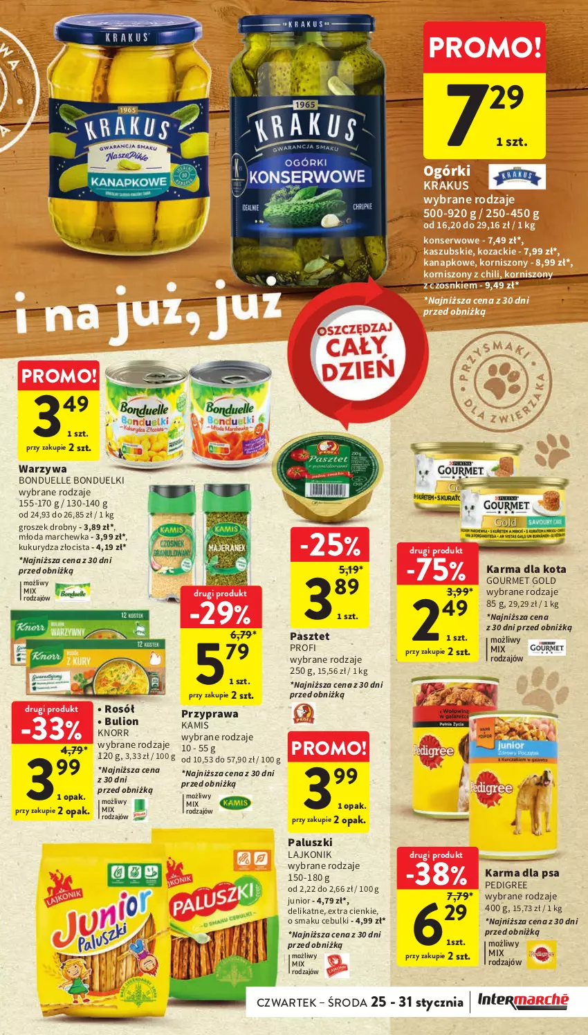 Gazetka promocyjna Intermarche - Gazetka Intermarche - ważna 25.01 do 31.01.2024 - strona 31 - produkty: Bonduelle, Bulion, Gourmet Gold, Groszek, Kamis, Knorr, Korniszony, Krakus, Kukurydza, Lajkonik, Lion, Marchewka, Pasztet, Pedigree, Rosół, Ser, Warzywa