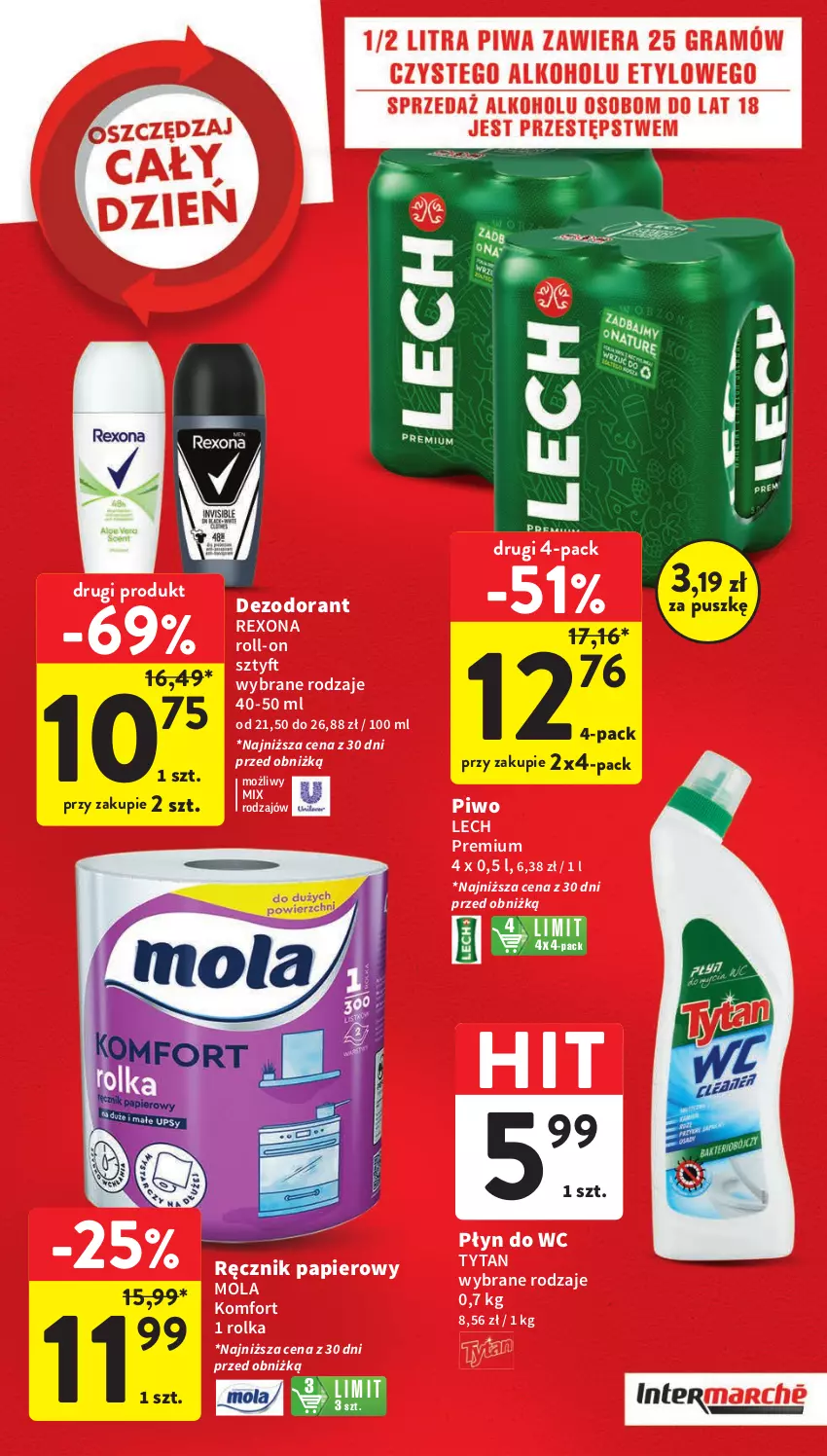 Gazetka promocyjna Intermarche - Gazetka Intermarche - ważna 25.01 do 31.01.2024 - strona 5 - produkty: Dezodorant, Lech Premium, Mola, Papier, Piwo, Płyn do wc, Ręcznik, Rexona, Tytan