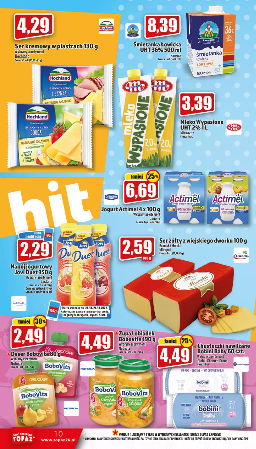 Gazetka promocyjna Topaz - Gazetka - ważna 20.10 do 26.10.2022 - strona 10 - produkty: Actimel, BoboVita, Danone, Edam, Hochland, Jogurt, Napój, Napój jogurtowy, Ser, Sok, Top, Zupa