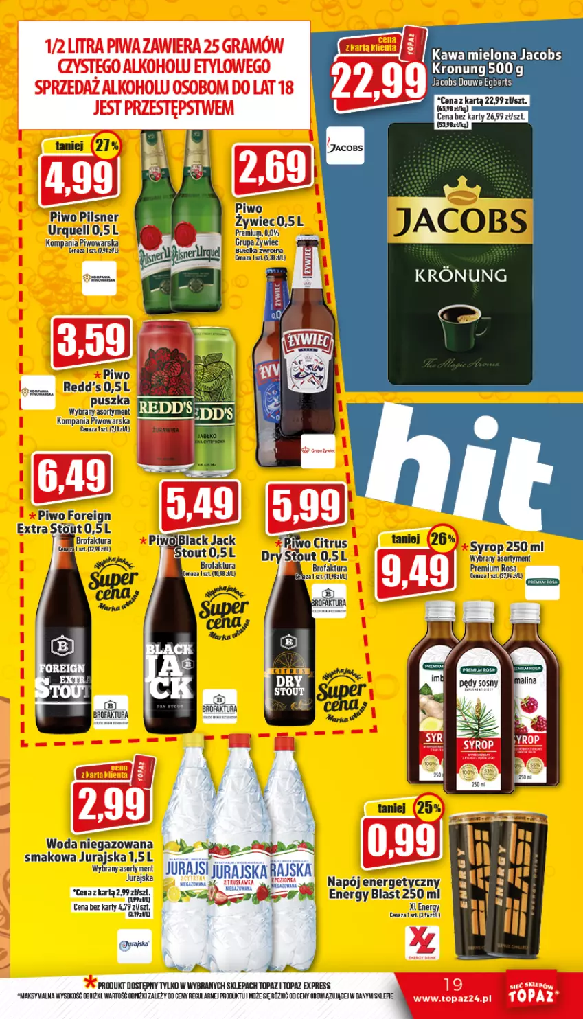 Gazetka promocyjna Topaz - Gazetka - ważna 20.10 do 26.10.2022 - strona 19 - produkty: Fa, Jacobs, Kawa, Kawa mielona, Napój, Napój energetyczny, Pilsner Urquell, Piwo, Redd's, Sok, Syrop, Top, Woda, Woda niegazowana