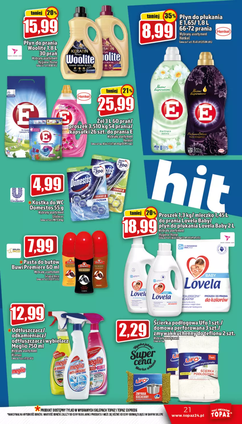 Gazetka promocyjna Topaz - Gazetka - ważna 20.10 do 26.10.2022 - strona 21 - produkty: Anew, Domestos, Lovela, Mleczko, Odtłuszczacz, Płyn do płukania, Premiere, Top