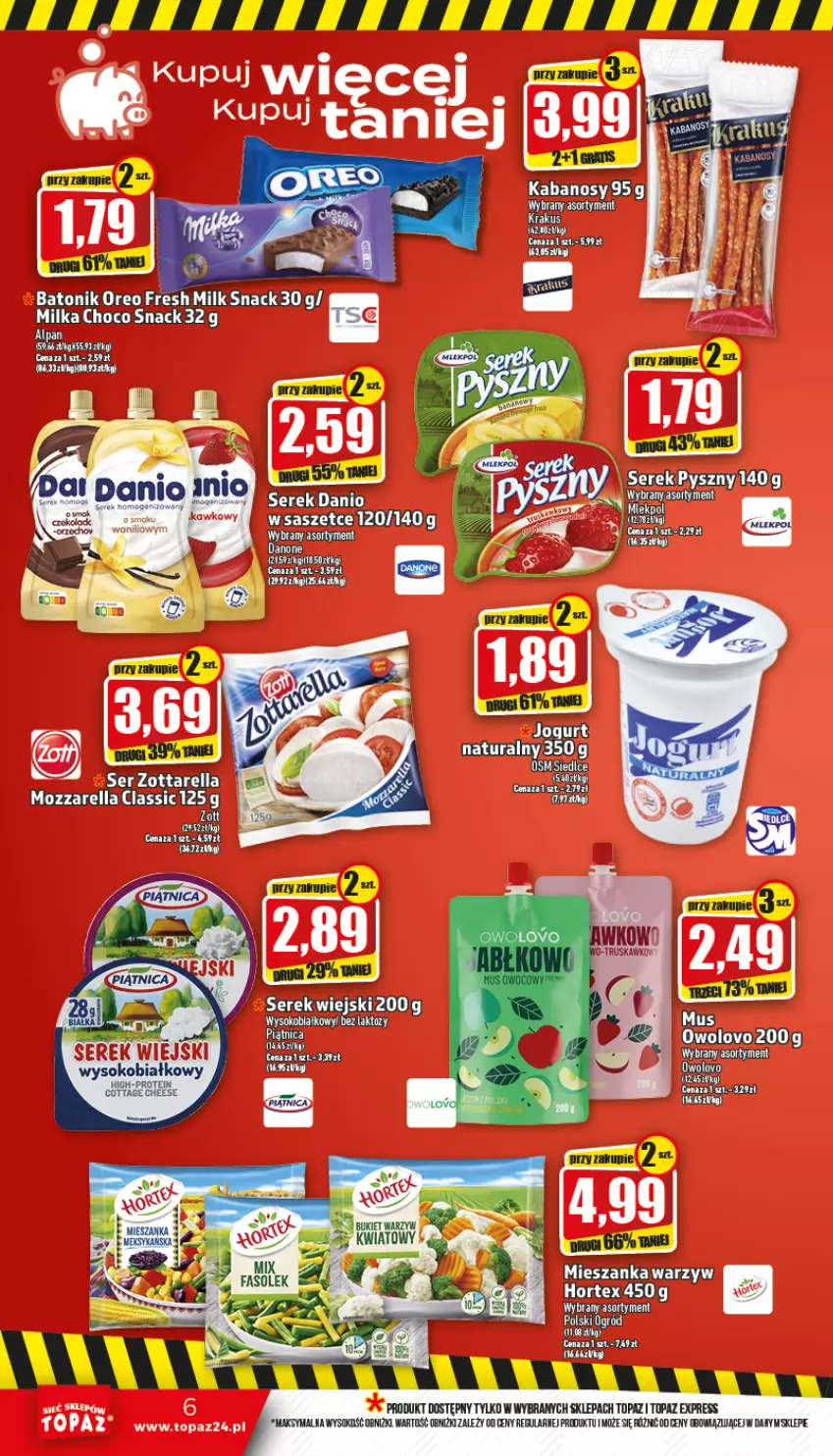 Gazetka promocyjna Topaz - Gazetka - ważna 20.10 do 26.10.2022 - strona 6 - produkty: Danio, Kabanos, Krakus, Mozzarella, Mus, Ser, Serek, Sok, Top, Zott, Zottarella