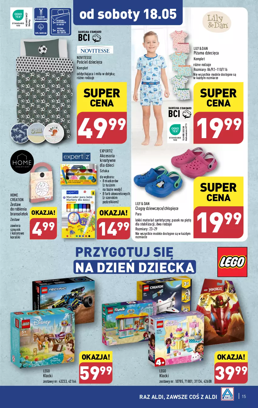 Gazetka promocyjna Aldi - Artykuły przemysłowe i tekstylia - ważna 15.05 do 18.05.2024 - strona 15 - produkty: Clogsy, Dzieci, Fa, Klocki, LEGO, Marker, Pasek, Piżama, Pościel, Sznurek, Tusz, Wełna