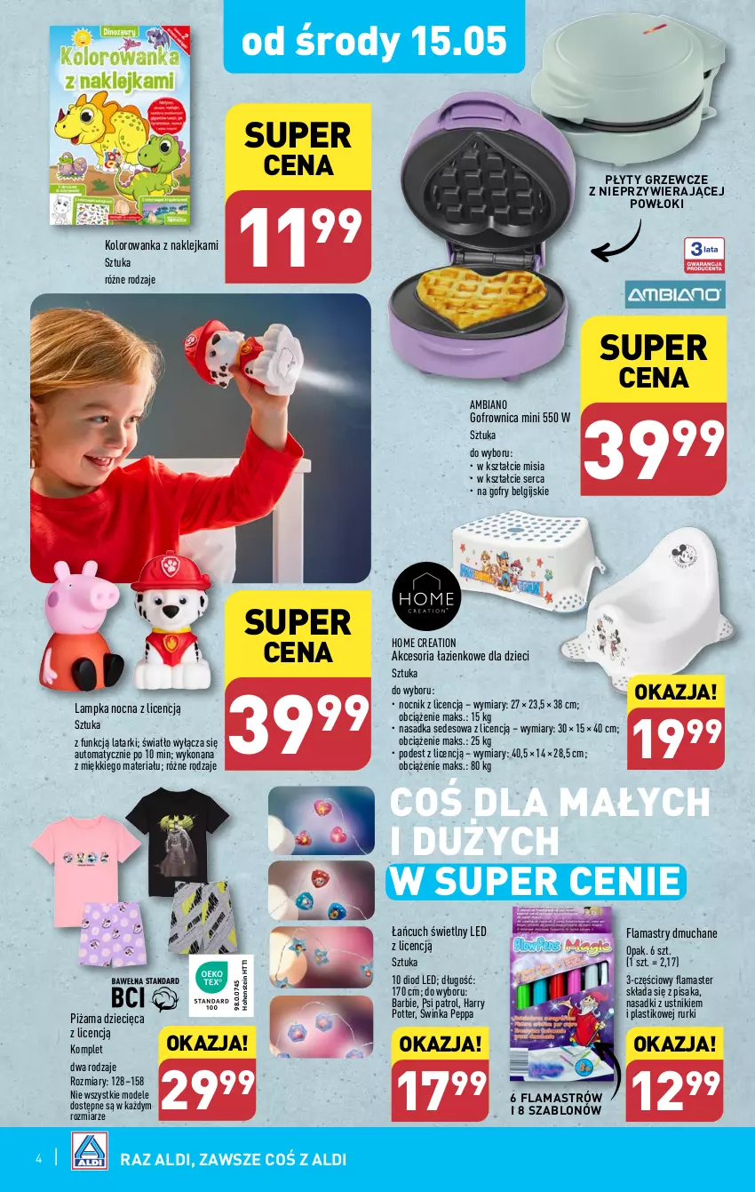 Gazetka promocyjna Aldi - Artykuły przemysłowe i tekstylia - ważna 15.05 do 18.05.2024 - strona 4 - produkty: Barbie, Dzieci, Flamastry, Gofrownica, Gofry, Harry Potter, Inka, Klej, Kolorowanka, LG, Nocnik, Piżama, Psi Patrol, Rurki, Ser, Ustnik