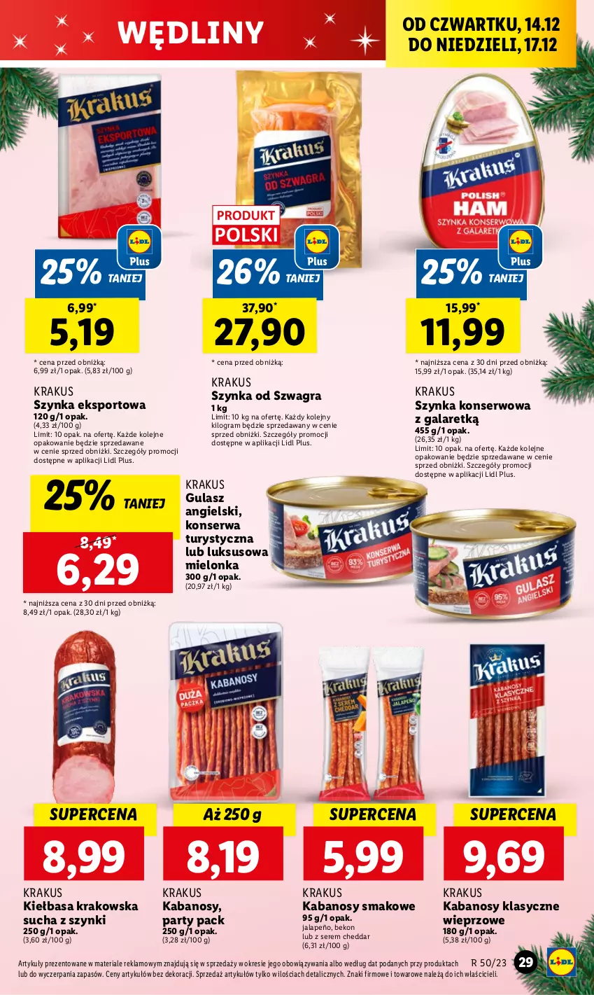 Gazetka promocyjna Lidl - GAZETKA - ważna 14.12 do 17.12.2023 - strona 31 - produkty: Beko, Cheddar, Gala, Gra, Kabanos, Kiełbasa, Kiełbasa krakowska, Konserwa turystyczna, Krakus, Olej, Por, Ser, Sport, Szynka, Szynka konserwowa