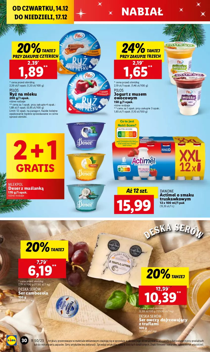 Gazetka promocyjna Lidl - GAZETKA - ważna 14.12 do 17.12.2023 - strona 32 - produkty: Actimel, Danone, Deser, Deska serów, Gra, Jogurt, Mus, Olej, Pilos, Ryż, Ryż na mleku, Ser, Ser owczy, Wazon