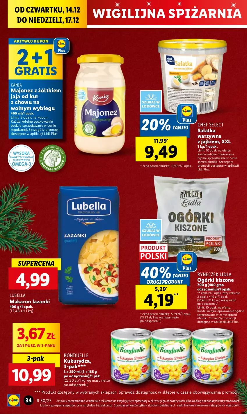 Gazetka promocyjna Lidl - GAZETKA - ważna 14.12 do 17.12.2023 - strona 36 - produkty: Bell, Bella, Bonduelle, Gra, Jaja, Kukurydza, Lubella, Majonez, Makaron, Olej, Omega-3, Sałat, Sałatka, Sałatka warzywna, Sok