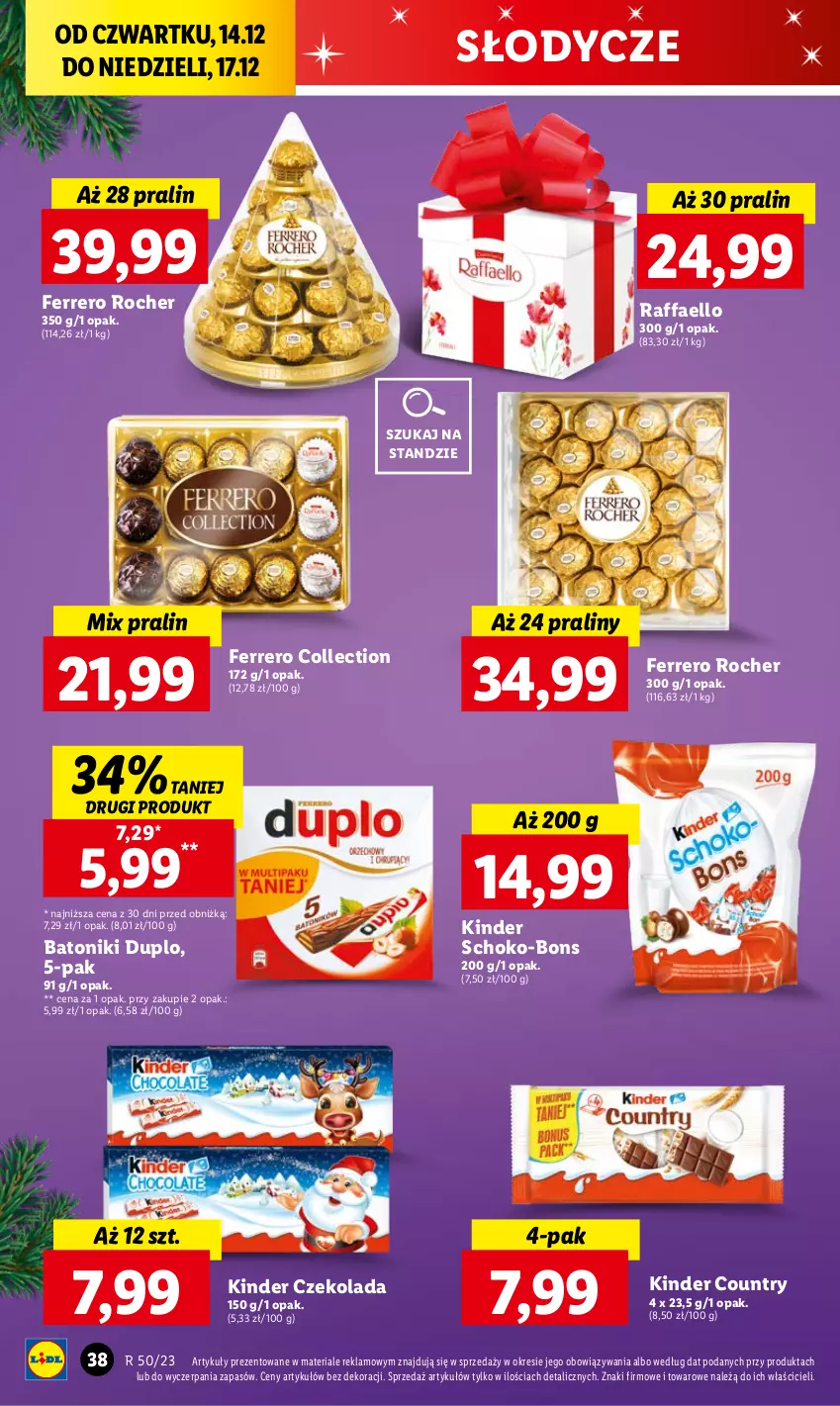 Gazetka promocyjna Lidl - GAZETKA - ważna 14.12 do 17.12.2023 - strona 40 - produkty: Baton, Czekolada, Fa, Ferrero, Ferrero Rocher, Kinder, Praliny, Raffaello, Tonik