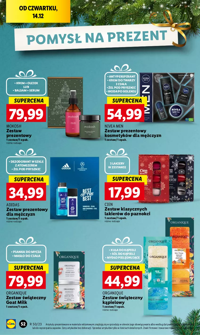 Gazetka promocyjna Lidl - GAZETKA - ważna 14.12 do 17.12.2023 - strona 60 - produkty: Adidas, Antyperspirant, Dezodorant, Krem do twarzy, Kula do kąpieli, Lakier, Masło, Masło do ciała, Mydło, Nivea, Nivea Men, Olej, Rum, Ser, Serum, Sól, Sól do kąpieli, Woda, Woda po goleniu, Zestaw prezentowy