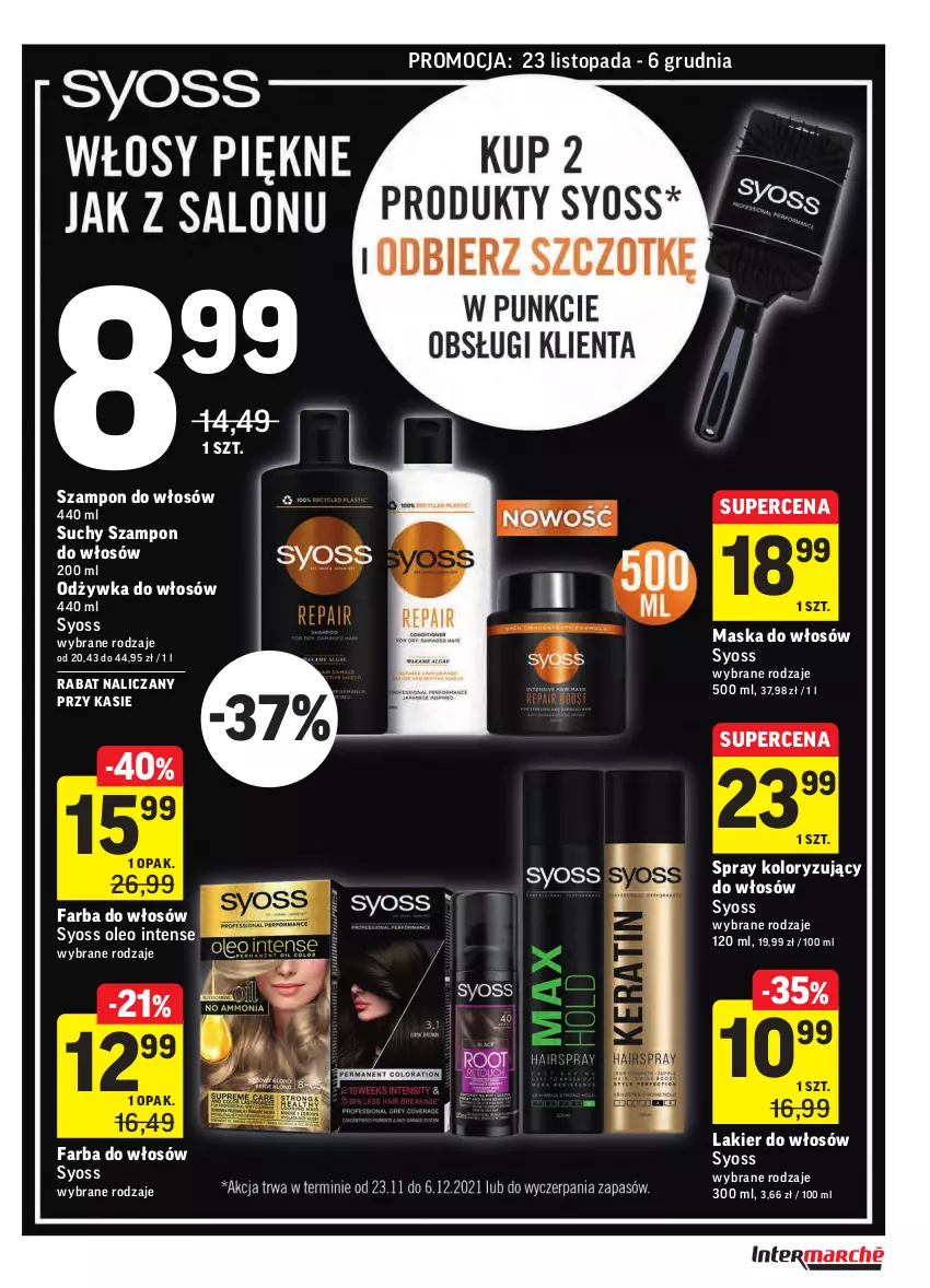 Gazetka promocyjna Intermarche - Gazetka promocyjna - ważna 23.11 do 29.11.2021 - strona 31 - produkty: Fa, Farba do włosów, Lakier, Lakier do włosów, Maska, Maska do włosów, Odżywka, Oleo, Suchy szampon, Syoss, Szampon, Top