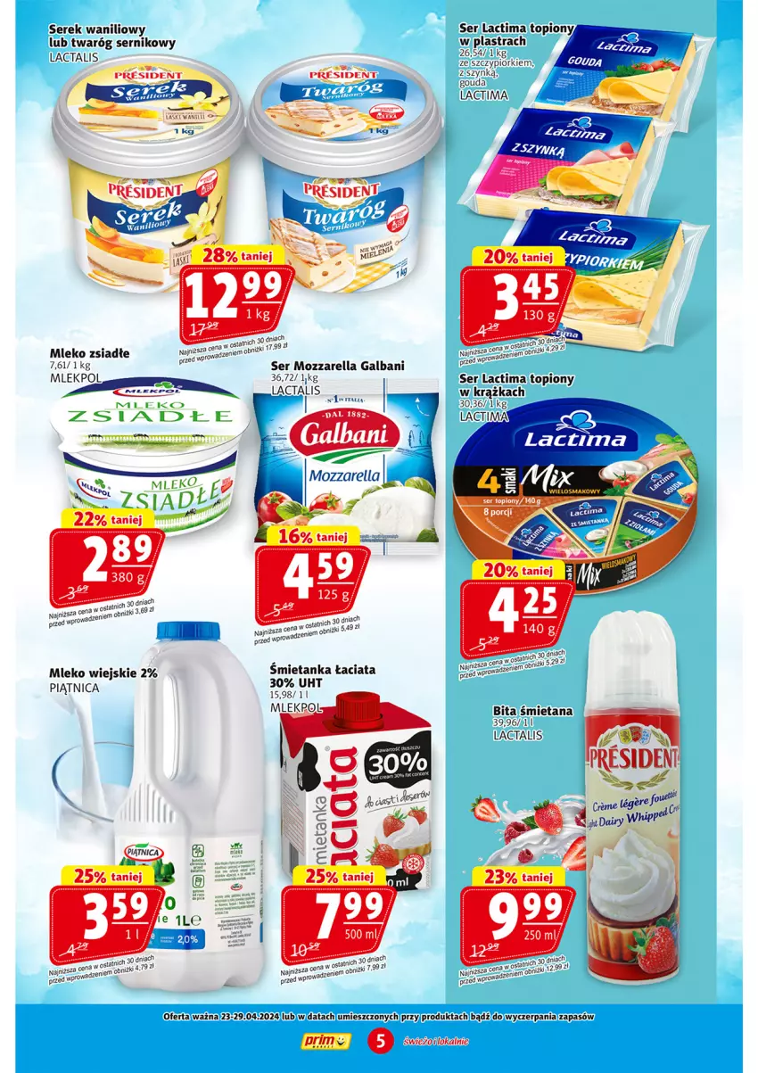 Gazetka promocyjna Prim Market - ważna 23.05 do 29.05.2024 - strona 5 - produkty: Galbani, Gouda, Mleko, Mleko zsiadłe, Mozzarella, Piątnica, Ser, Serek, Top, Twaróg