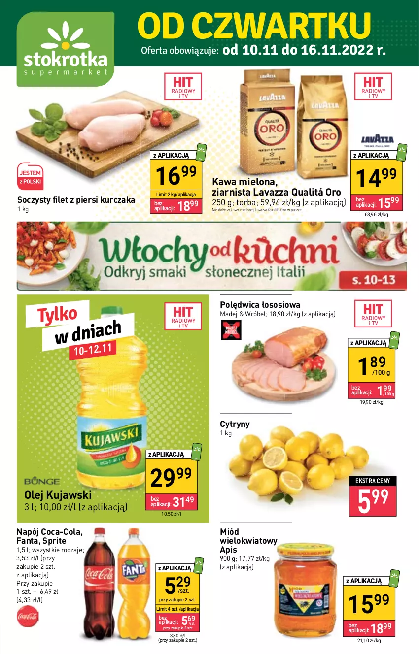 Gazetka promocyjna Stokrotka - Supermarket - ważna 10.11 do 16.11.2022 - strona 1 - produkty: Coca-Cola, Cytryny, Fa, Fanta, Filet z piersi kurczaka, Kawa, Kawa mielona, Kujawski, Kurczak, Lavazza, Miód, Napój, Olej, Polędwica, Sos, Sprite, Torba